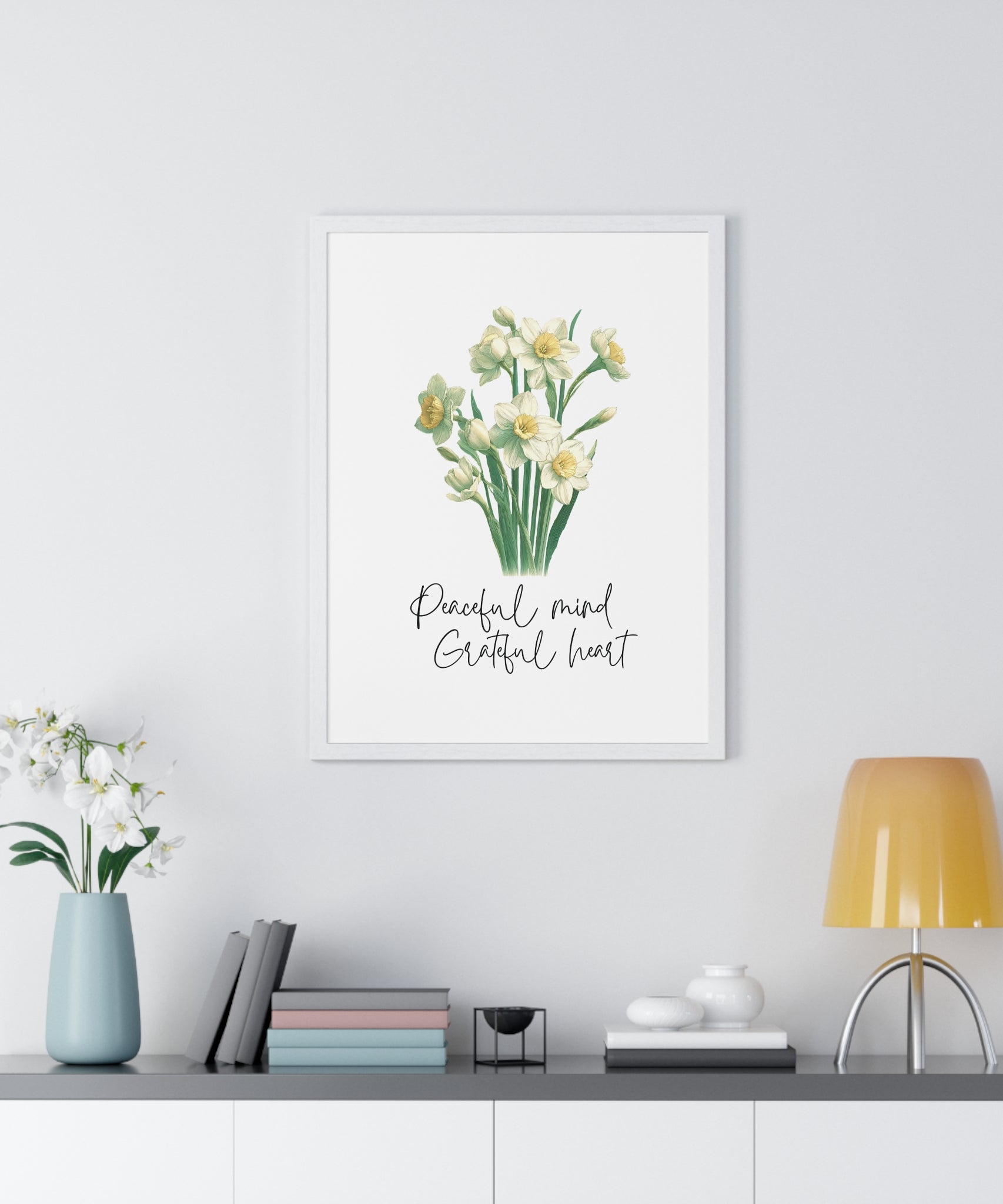 December Birth Month Flower Wall Art – Narcissus Illustration with Inspirational Quote in Wooden Frame | Peaceful Mind & Grateful Heart