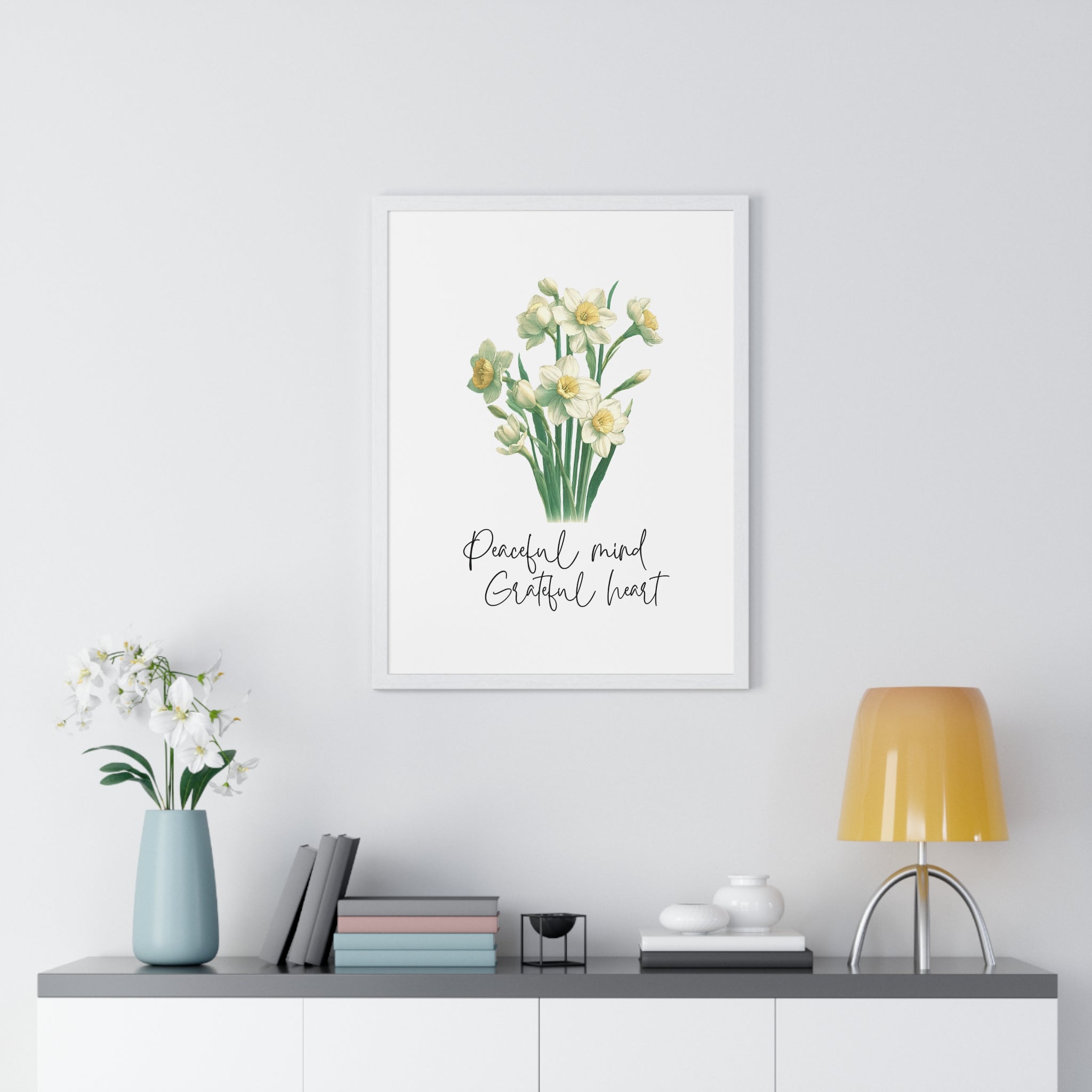 December Birth Month Flower Wall Art – Narcissus Illustration with Inspirational Quote in Wooden Frame | Peaceful Mind & Grateful Heart