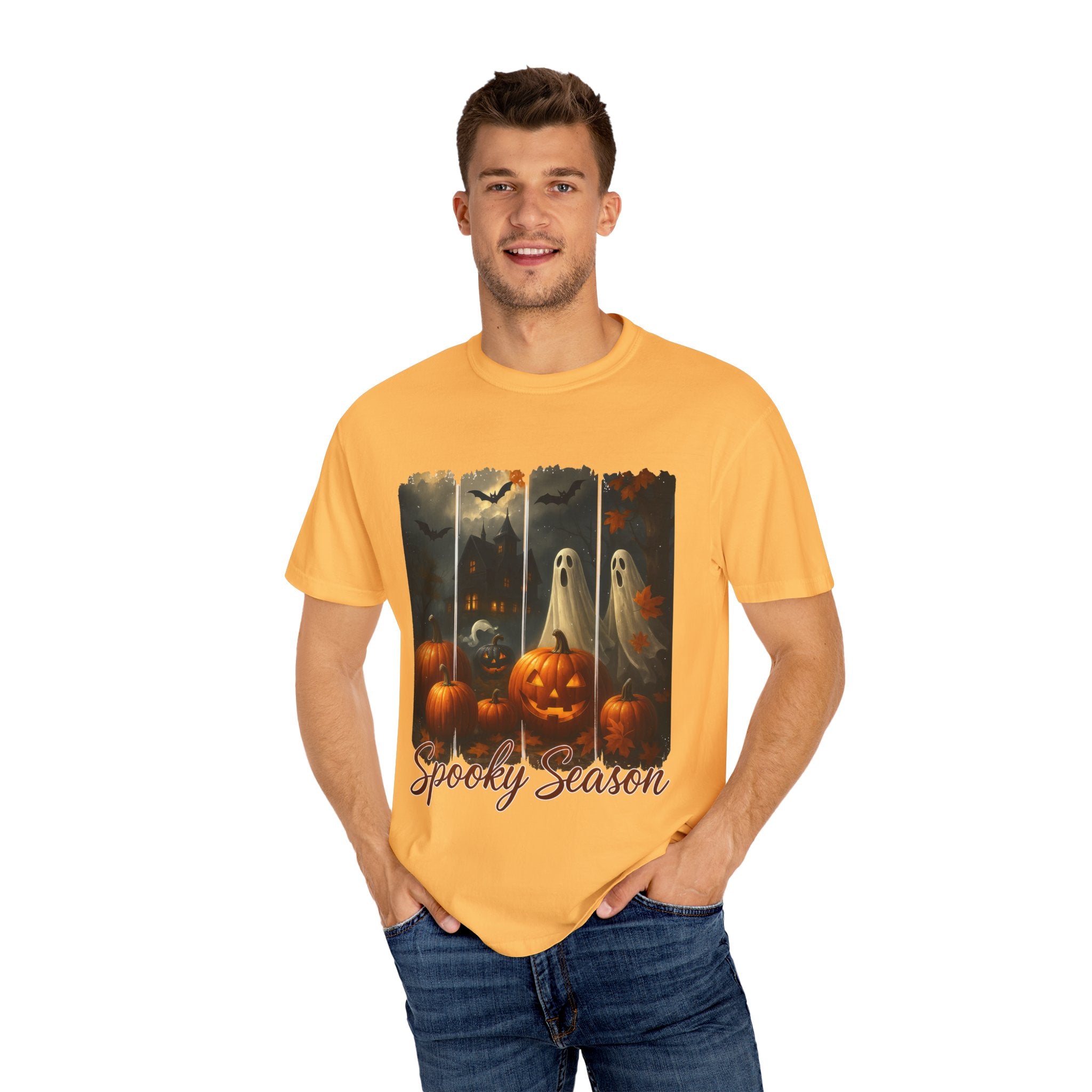 Spooky Season Unisex Halloween T-Shirt – Haunted House, Pumpkins & Ghosts Fall Design
