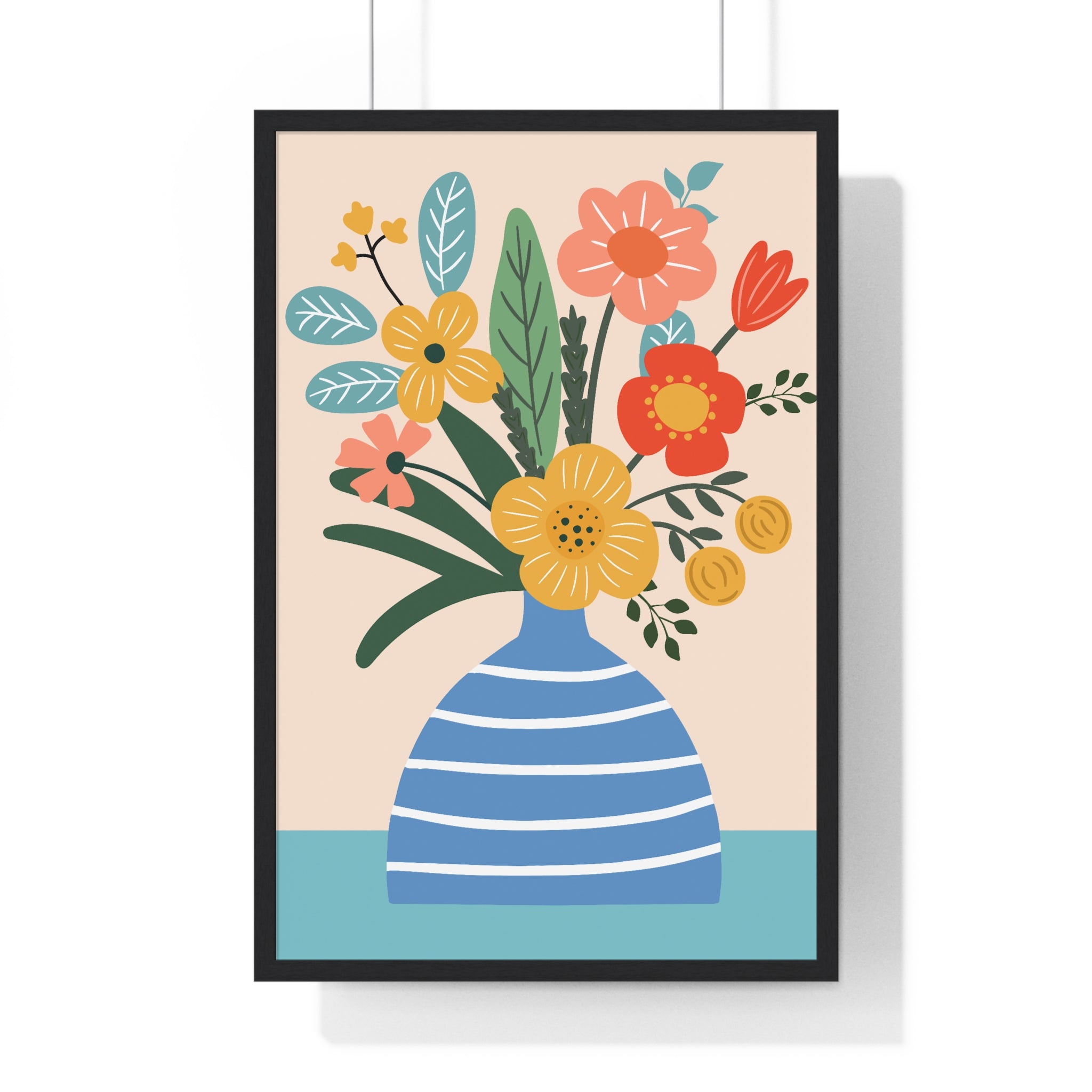 Colorful Floral Bouquet in Blue Striped Vase Art Print