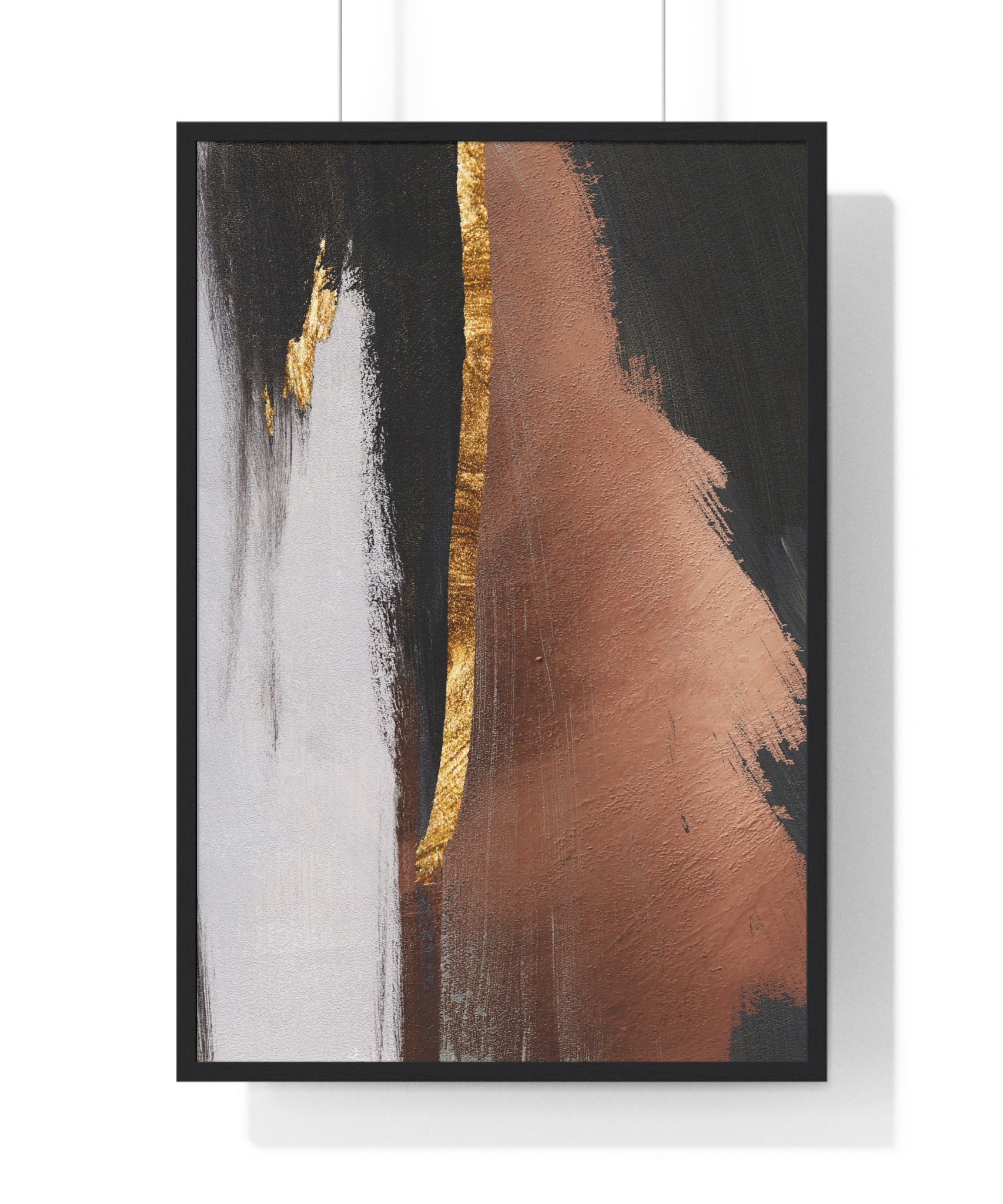 Modern Abstract Wall Art – Bold Black, Copper & Gold Textured Poster on Wooden Frame – Luxury Canvas Print for Home or Office