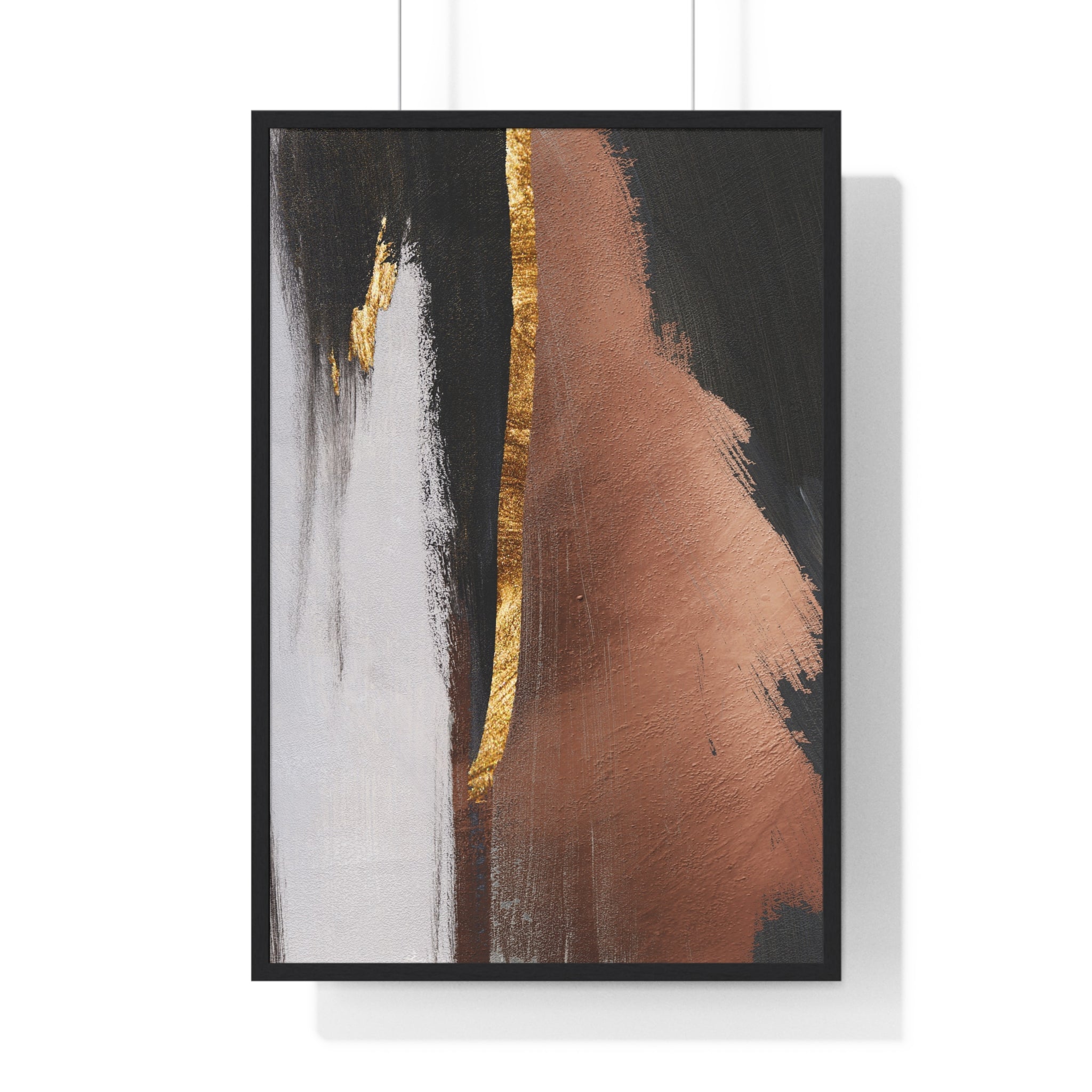 Modern Abstract Wall Art – Bold Black, Copper & Gold Textured Poster on Wooden Frame – Luxury Canvas Print for Home or Office