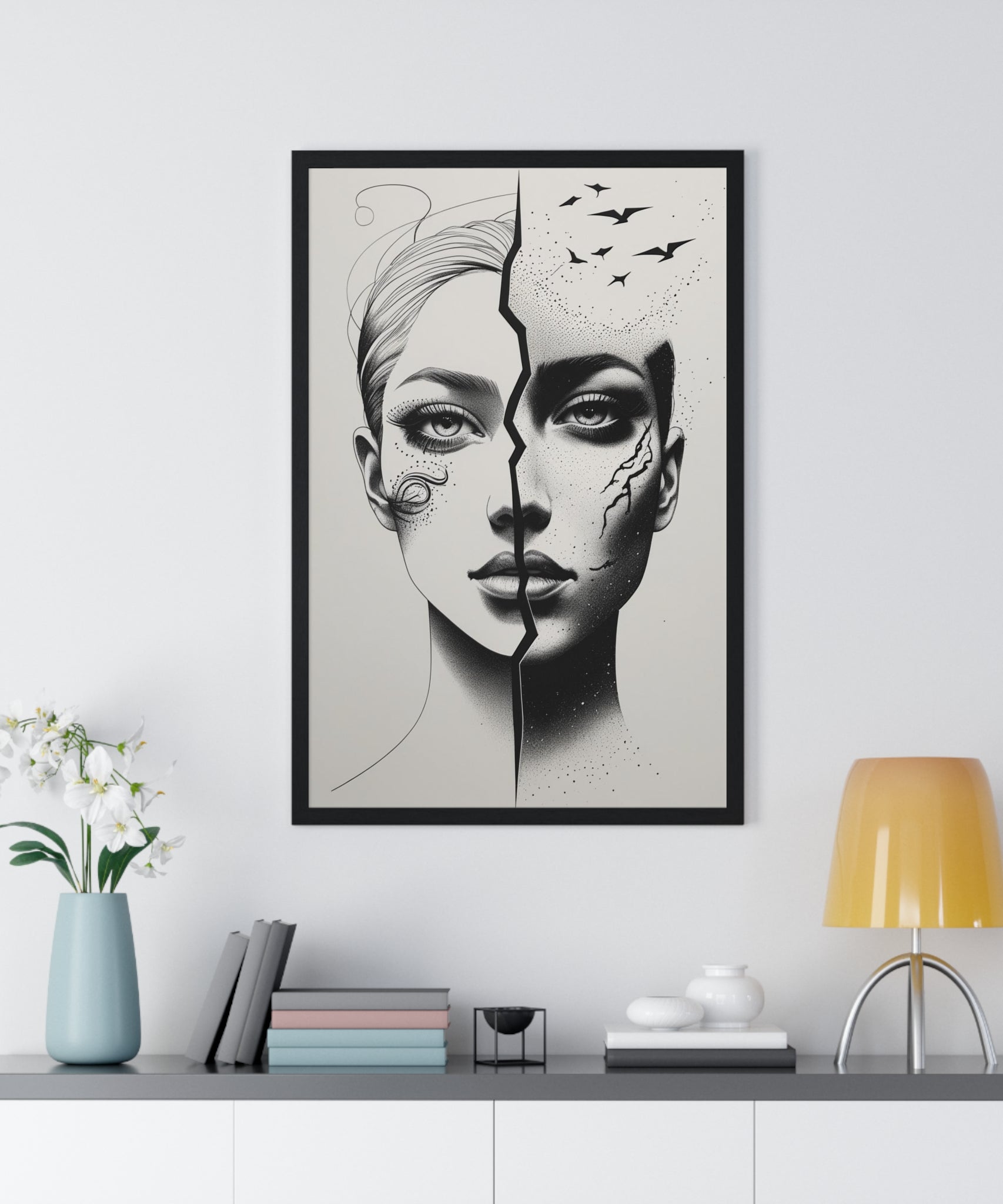 Vertical Framed Poster, Artistic Split Face Poster, Abstract Wall Art, Modern Home Decor, Unique Gift for Art Lovers, Stylish Room - Gallory Hive