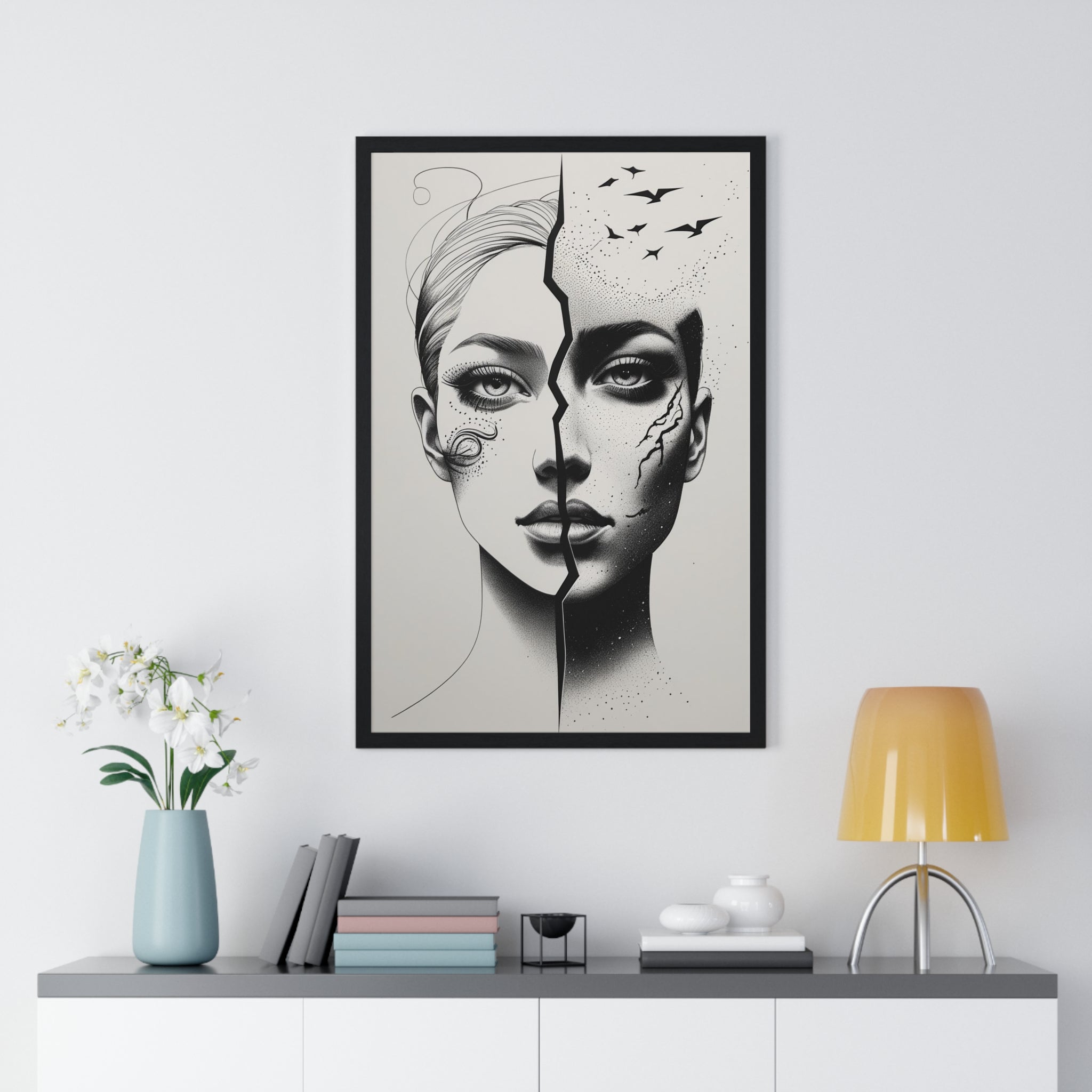 Vertical Framed Poster, Artistic Split Face Poster, Abstract Wall Art, Modern Home Decor, Unique Gift for Art Lovers, Stylish Room