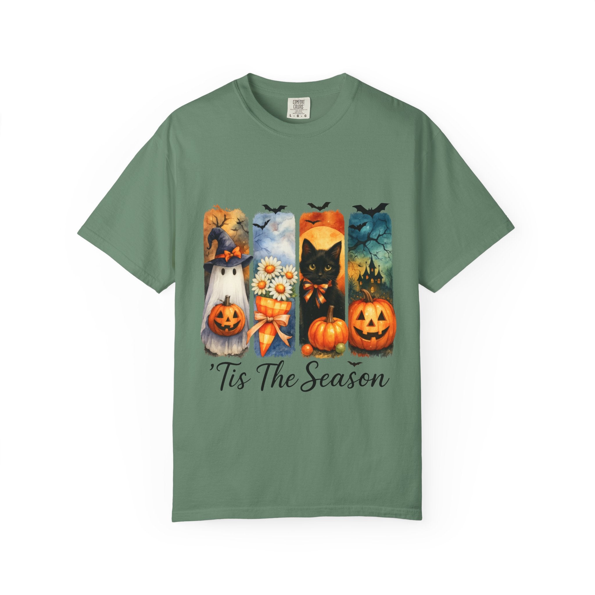 Whimsical Halloween T-Shirt – Ghost, Black Cat, Pumpkins & Haunted House Design - Gallory Hive