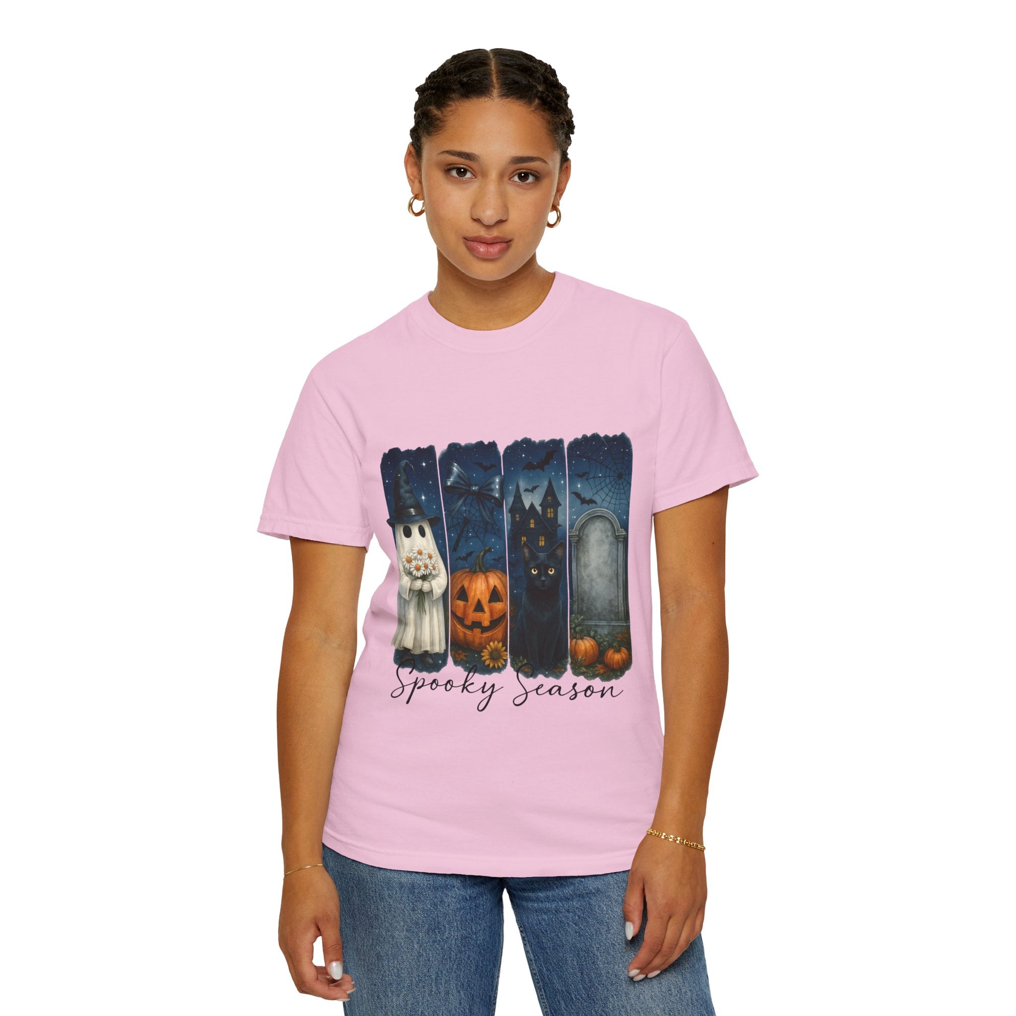 Spooky Season Halloween T-Shirt – Ghost, Black Cat, Pumpkin & Haunted House Design