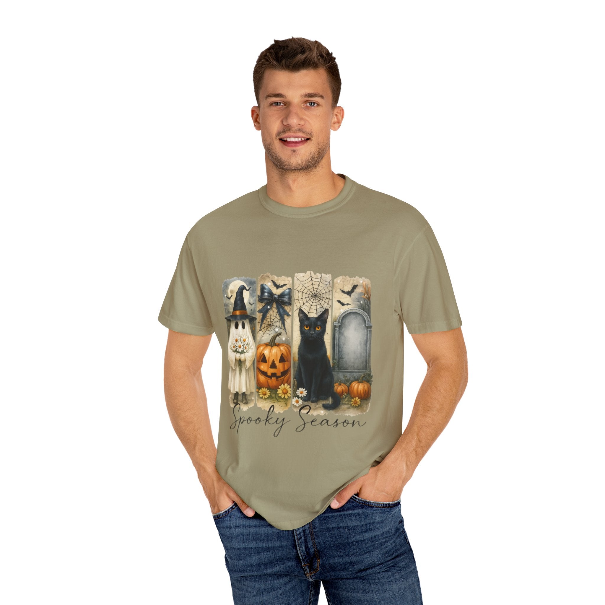 Spooky Season Halloween Unisex T-Shirt – Ghost, Black Cat & Pumpkin Design