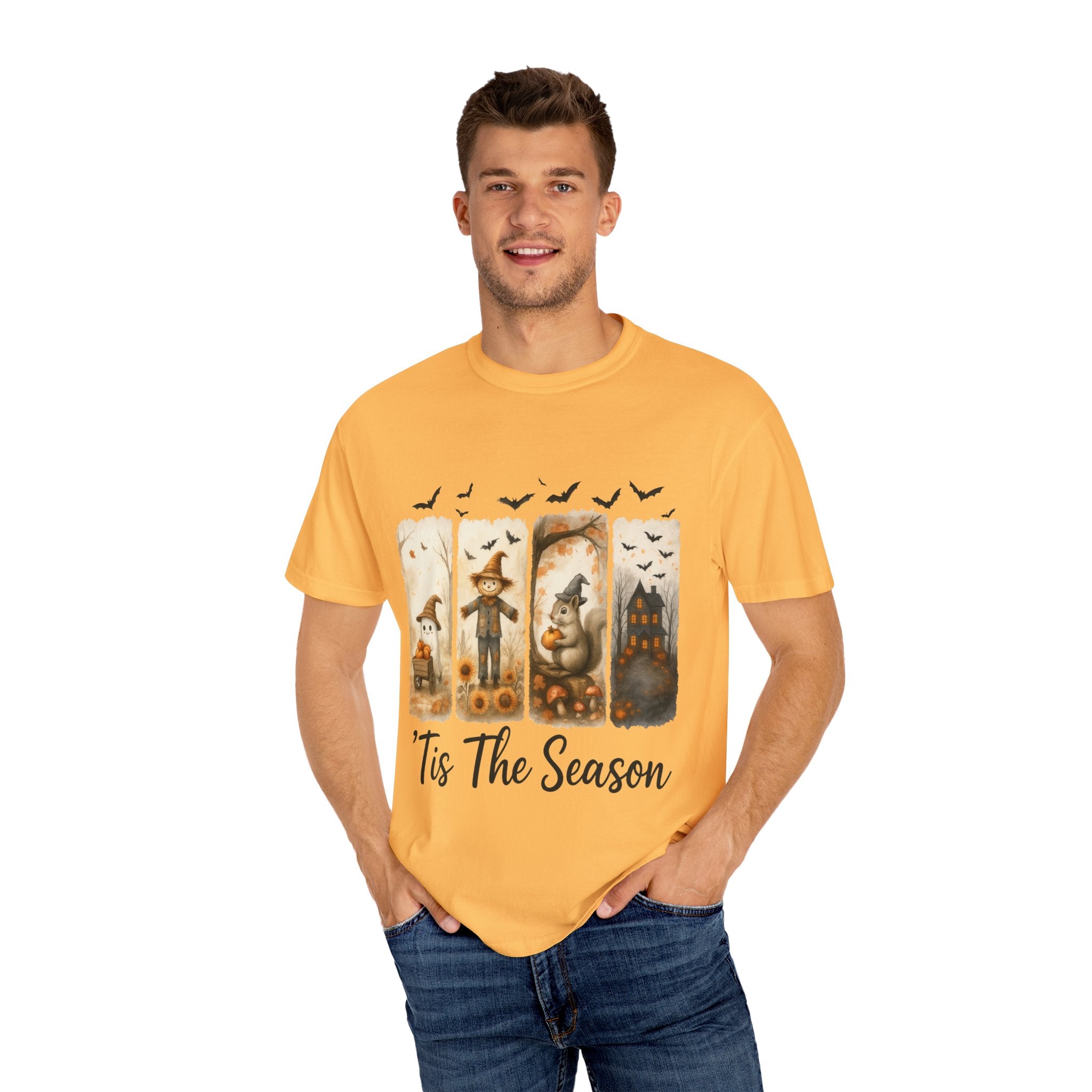 Tis The Season Fall Halloween T-Shirt – Cute Ghost, Scarecrow, Squirrel & Haunted House Design