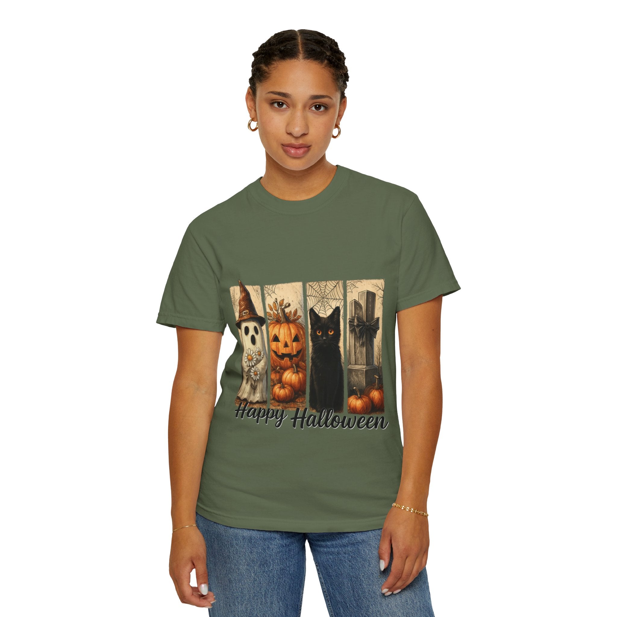 Happy Halloween Unisex T-Shirt – Ghost, Black Cat & Pumpkin Graphic Tee