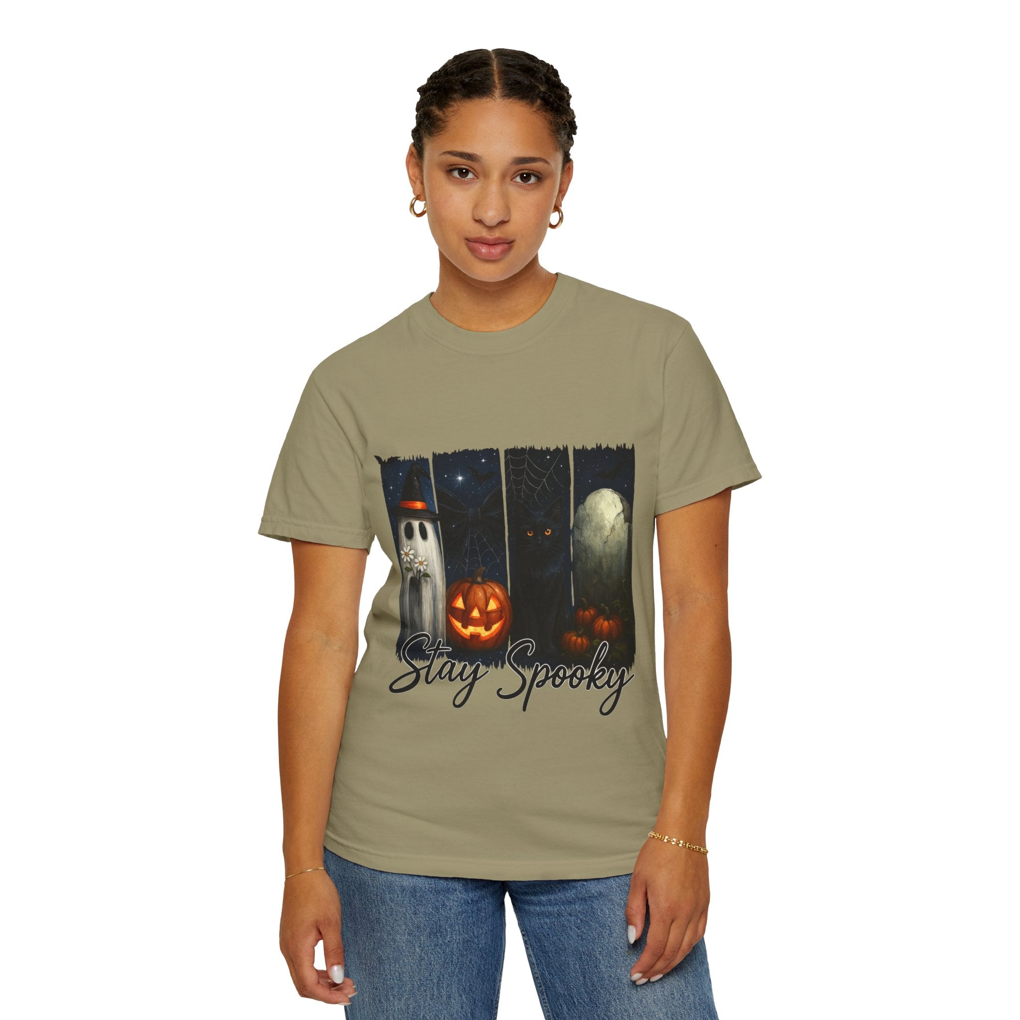 Stay Spooky Halloween T-Shirt – Cute Ghost, Black Cat, Pumpkin & Graveyard Design
