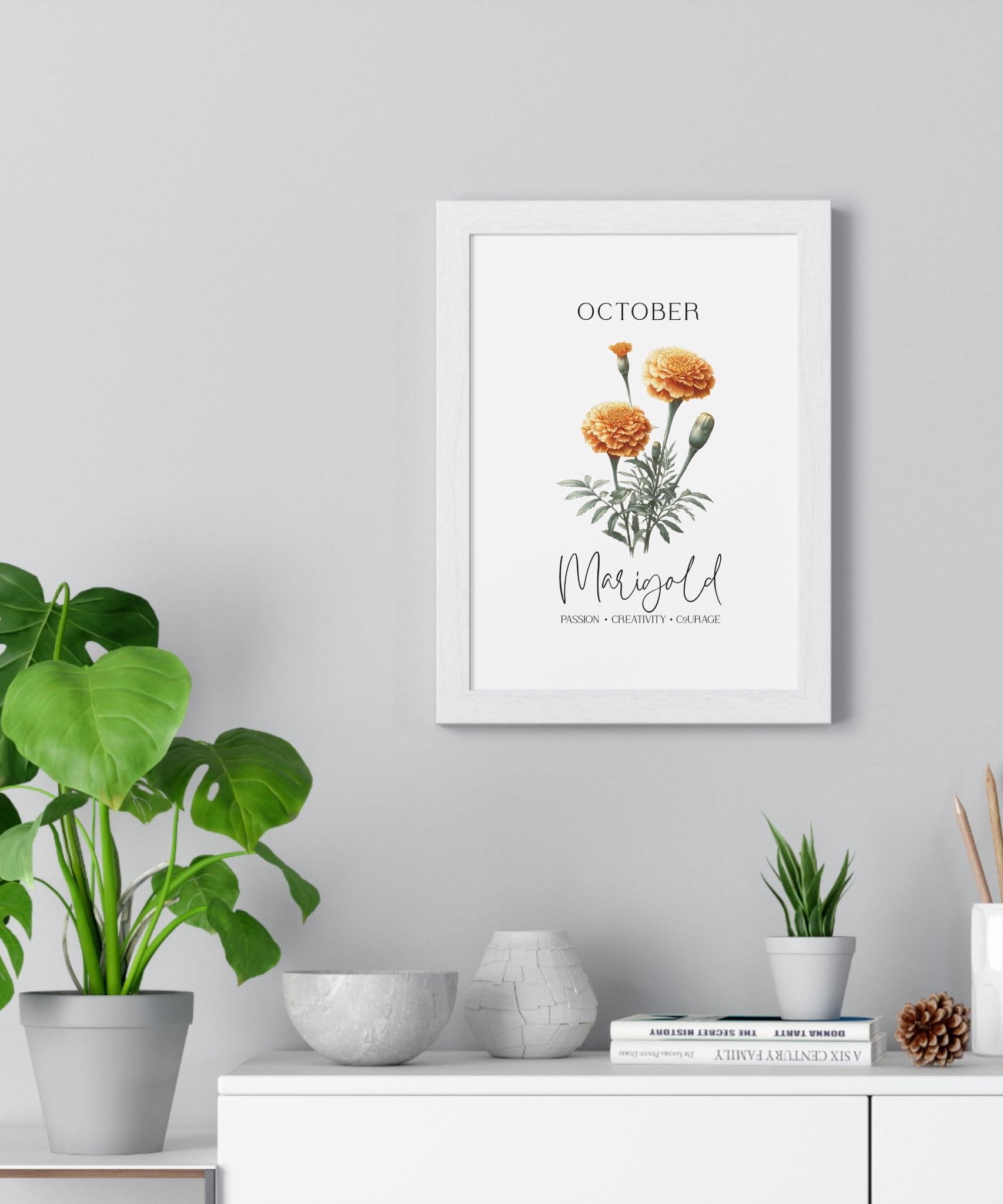 October Birth Month Flower Wall Art – Marigold Illustration in Wooden Frame | Passion, Creativity & Courage