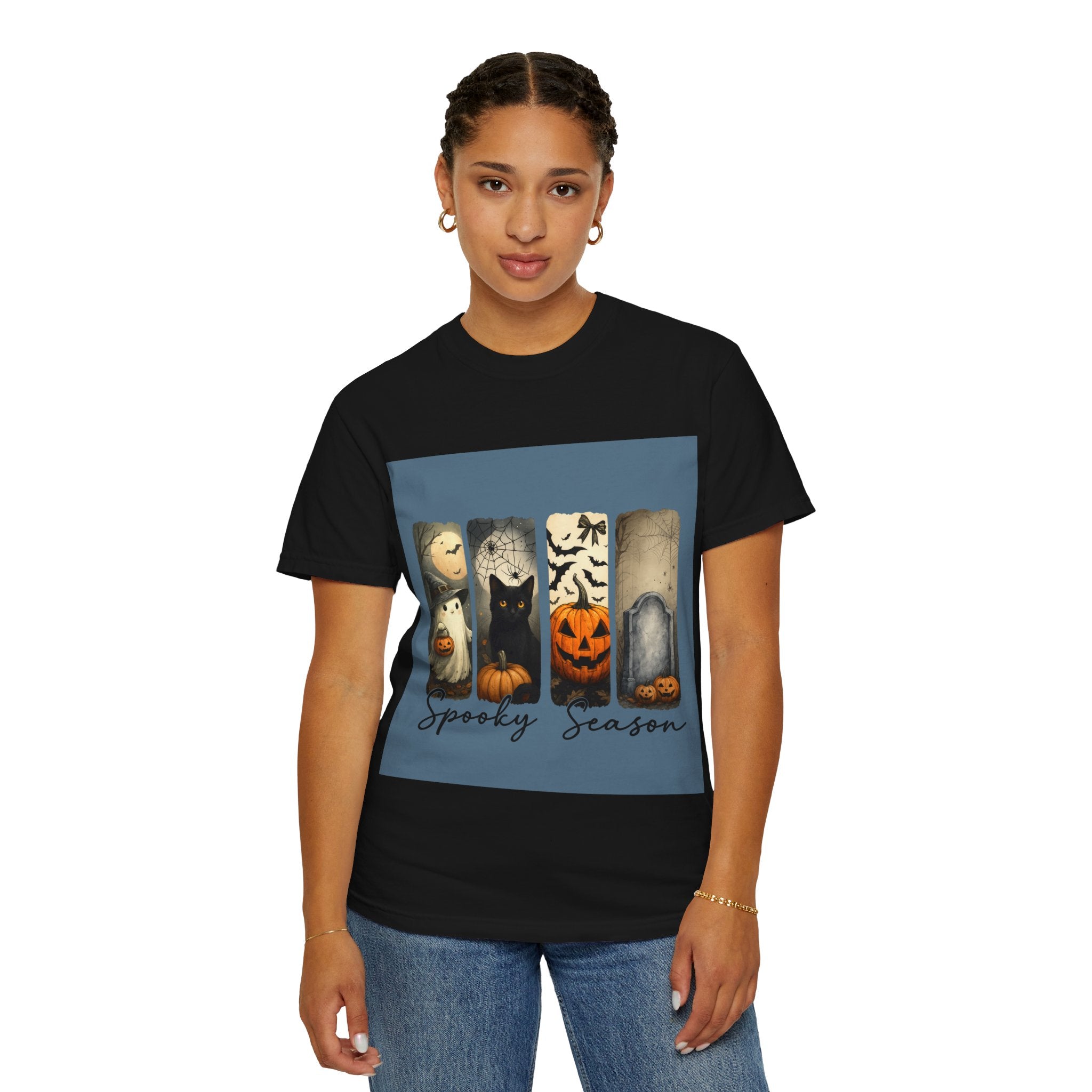 Halloween Night Unisex T-Shirt – Ghost, Black Cat, Pumpkin & Tombstone Vintage Art - Gallory Hive