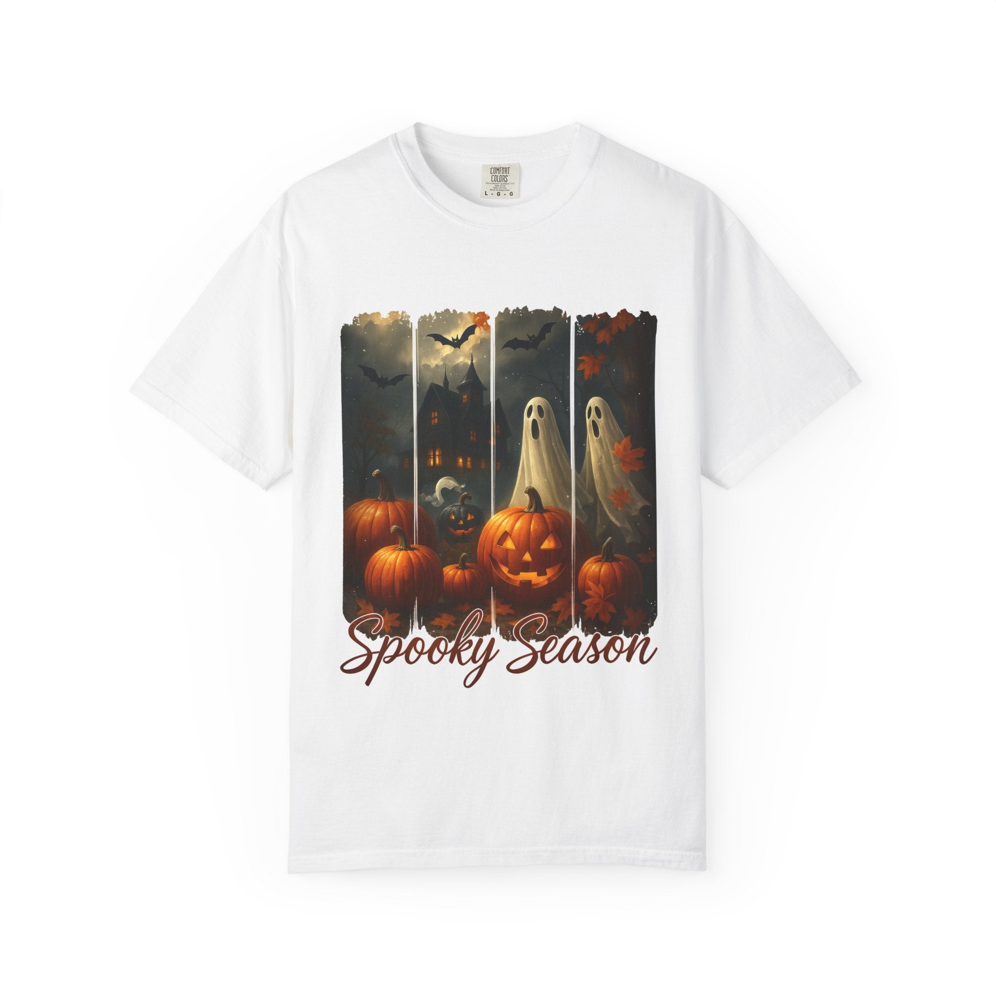 Spooky Season Unisex Halloween T-Shirt – Haunted House, Pumpkins & Ghosts Fall Design