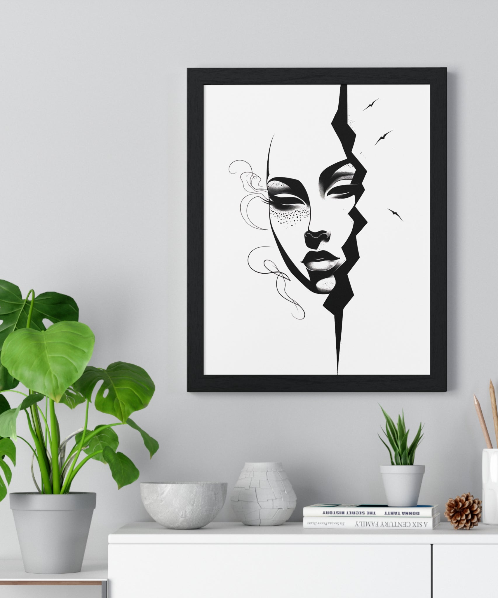 Vertical Framed Poster - Stylish Split Face Art Print | Modern Wall Decor, Home Aesthetic, Living Room Art, Unique Gift, Gallery Wall - Gallory Hive