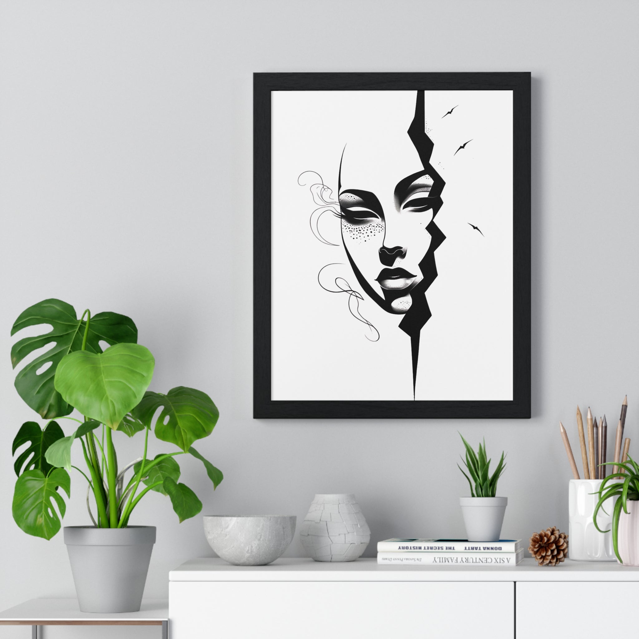 Vertical Framed Poster - Stylish Split Face Art Print | Modern Wall Decor, Home Aesthetic, Living Room Art, Unique Gift, Gallery Wall - Gallory Hive