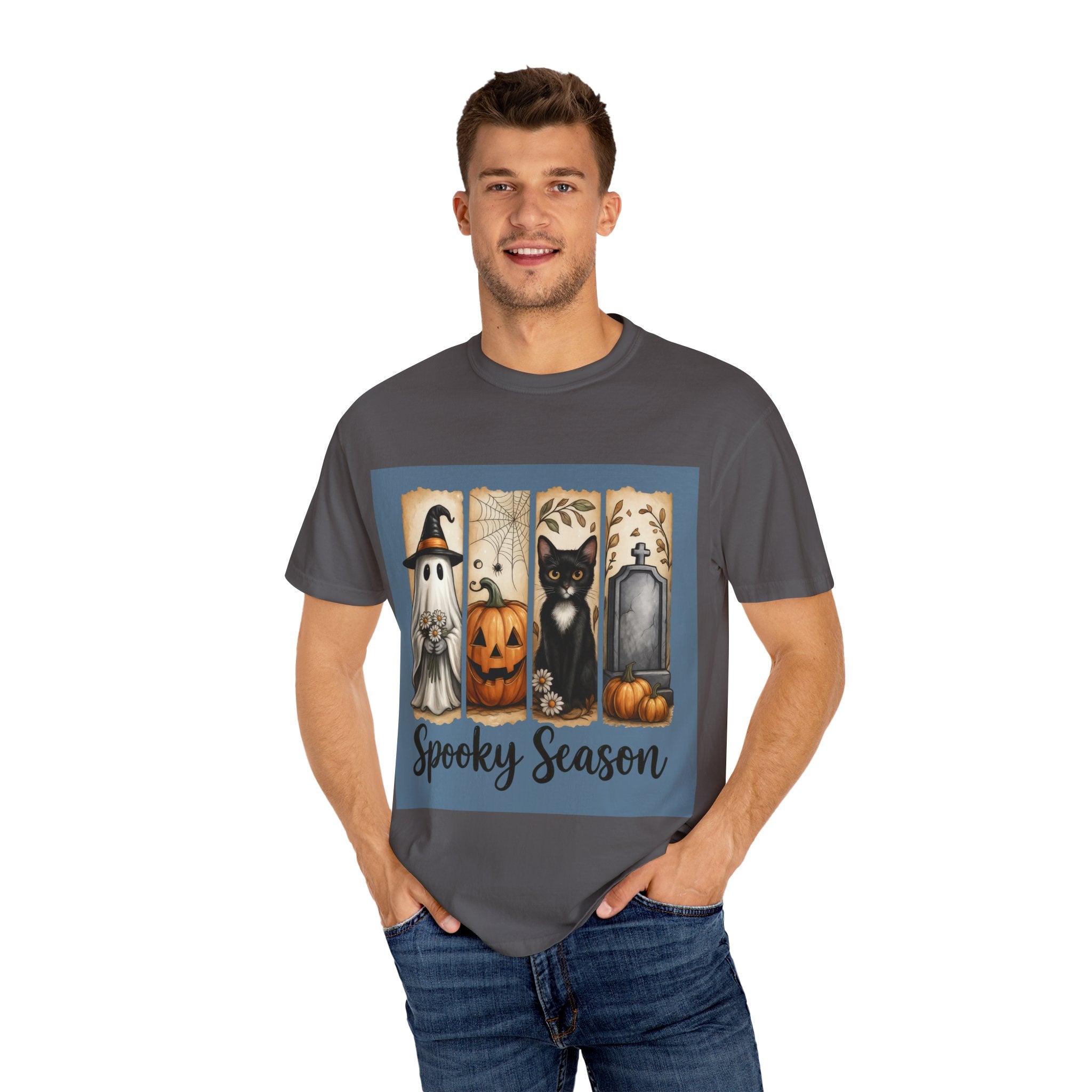 Spooky Season Halloween Unisex T-Shirt – Ghost, Cat & Pumpkin Design - Gallory Hive