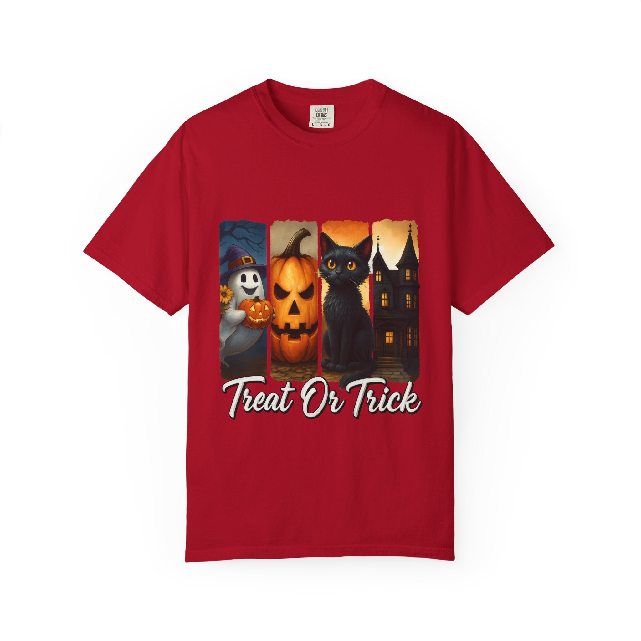 Treat Or Trick Halloween T-Shirt – Cute Ghost, Pumpkin, Black Cat & Haunted House Design