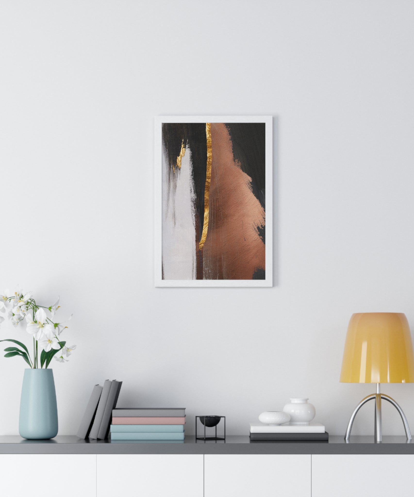 Modern Abstract Wall Art – Bold Black, Copper & Gold Textured Poster on Wooden Frame – Luxury Canvas Print for Home or Office