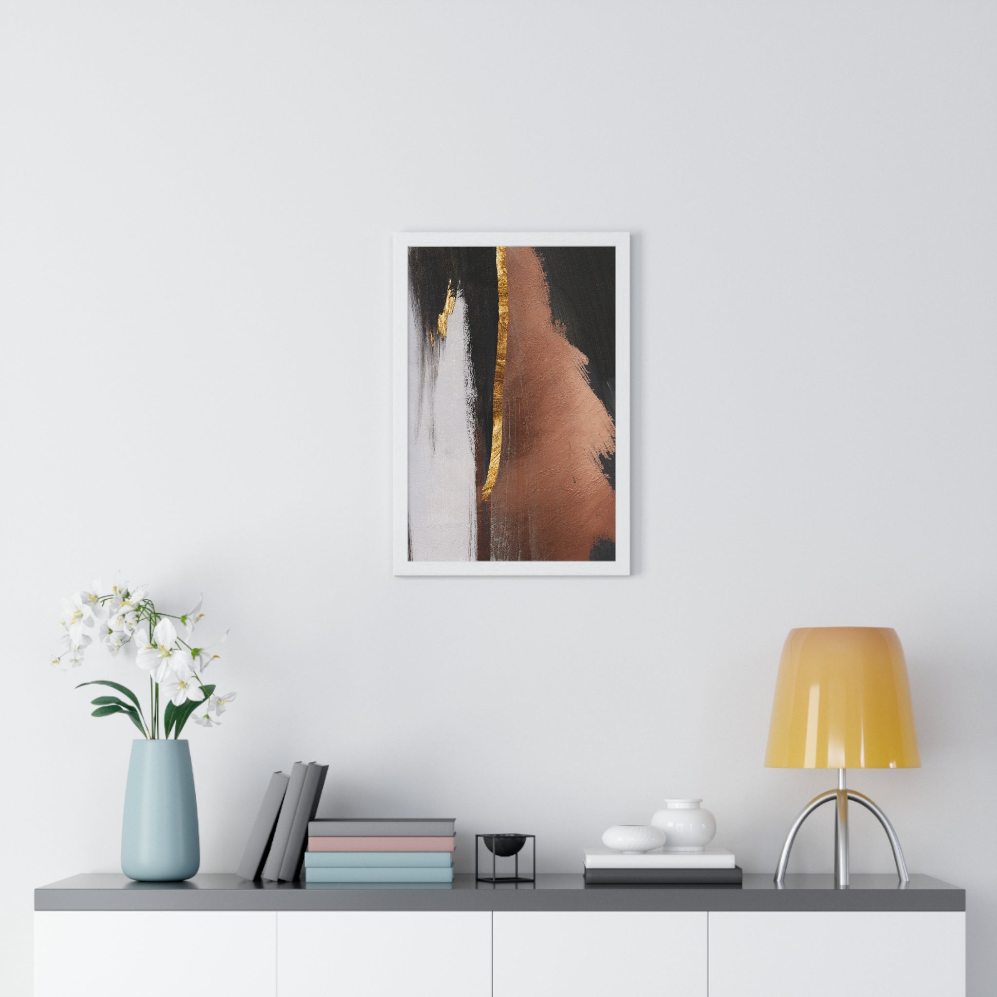 Modern Abstract Wall Art – Bold Black, Copper & Gold Textured Poster on Wooden Frame – Luxury Canvas Print for Home or Office