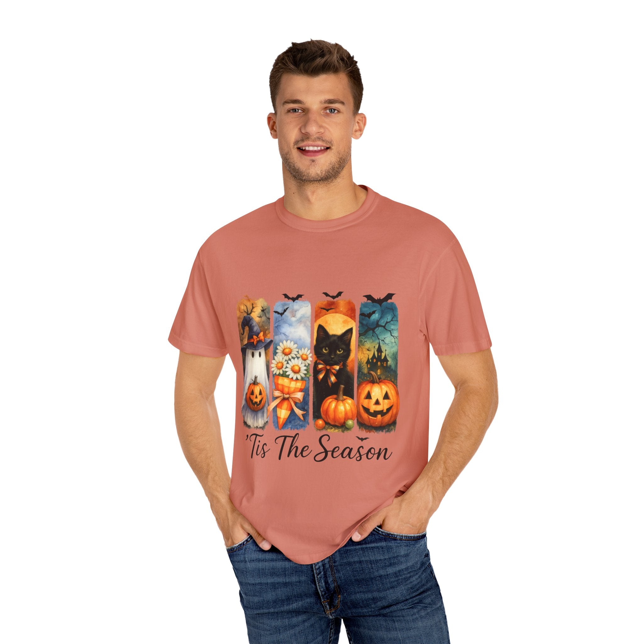 Whimsical Halloween T-Shirt – Ghost, Black Cat, Pumpkins & Haunted House Design