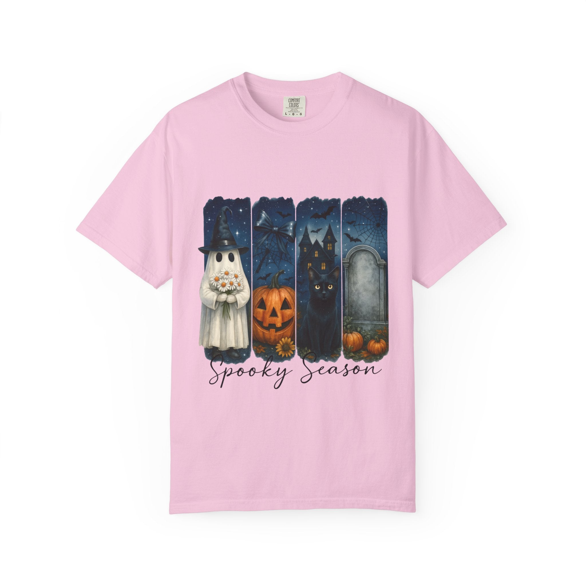 Spooky Season Halloween T-Shirt – Ghost, Black Cat, Pumpkin & Haunted House Design