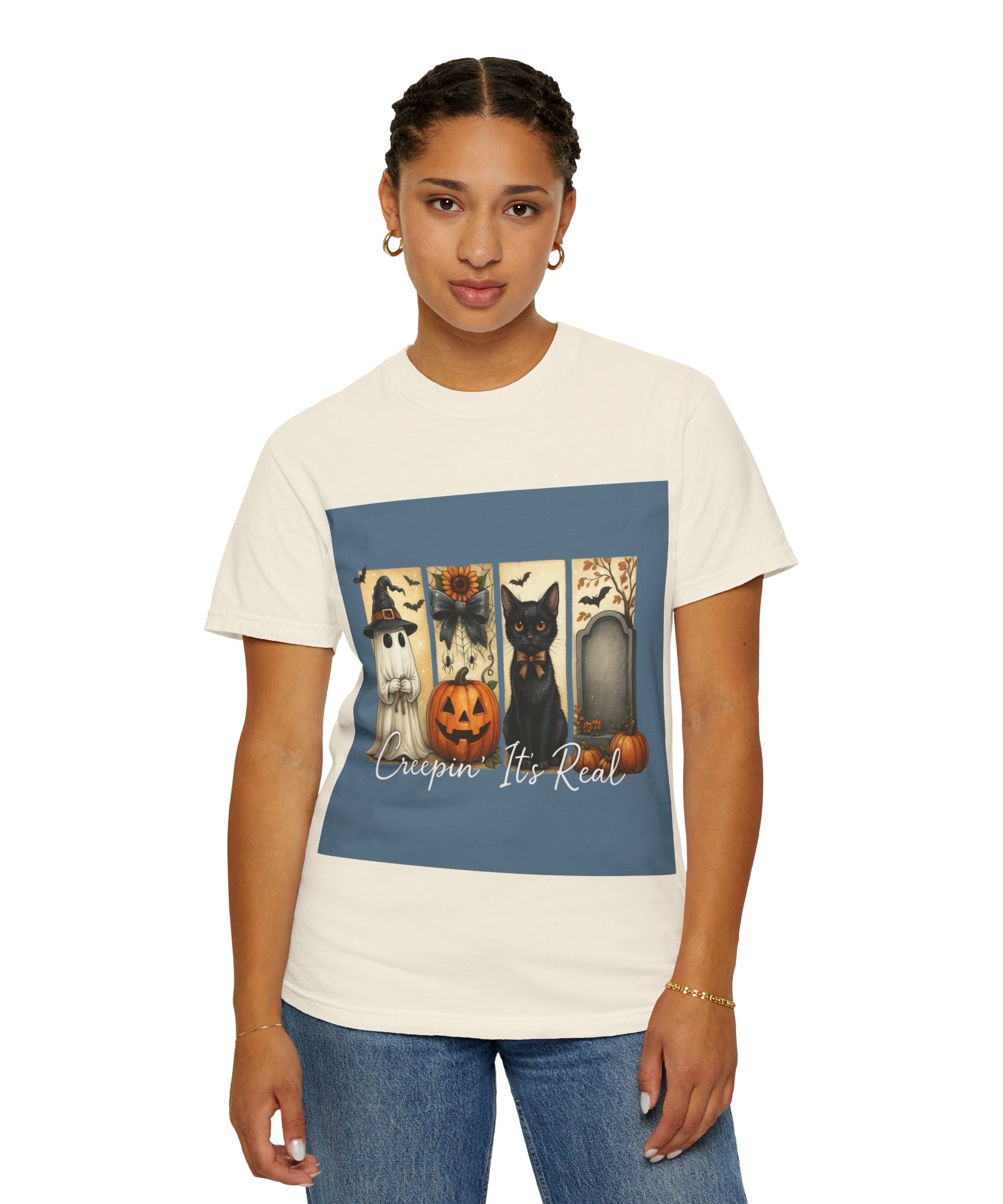 Creepin’ It’s Real Halloween T-Shirt – Cute Ghost, Pumpkin, Black Cat & Tombstone Design - Gallory Hive