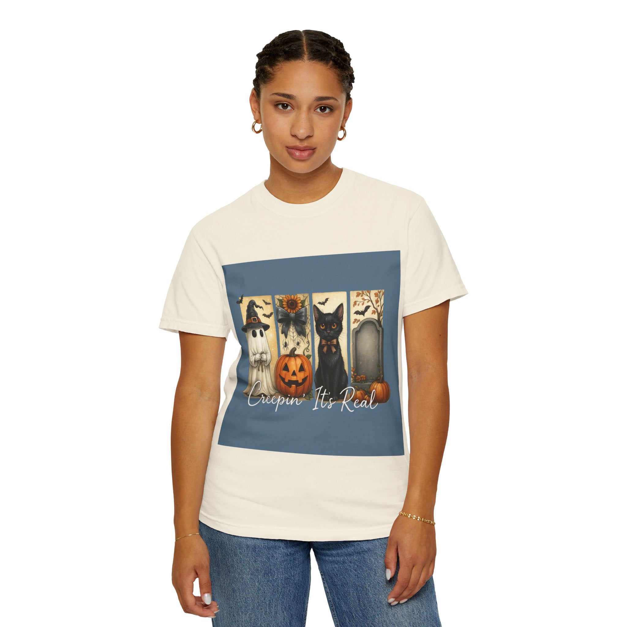 Creepin’ It’s Real Halloween T-Shirt – Cute Ghost, Pumpkin, Black Cat & Tombstone Design