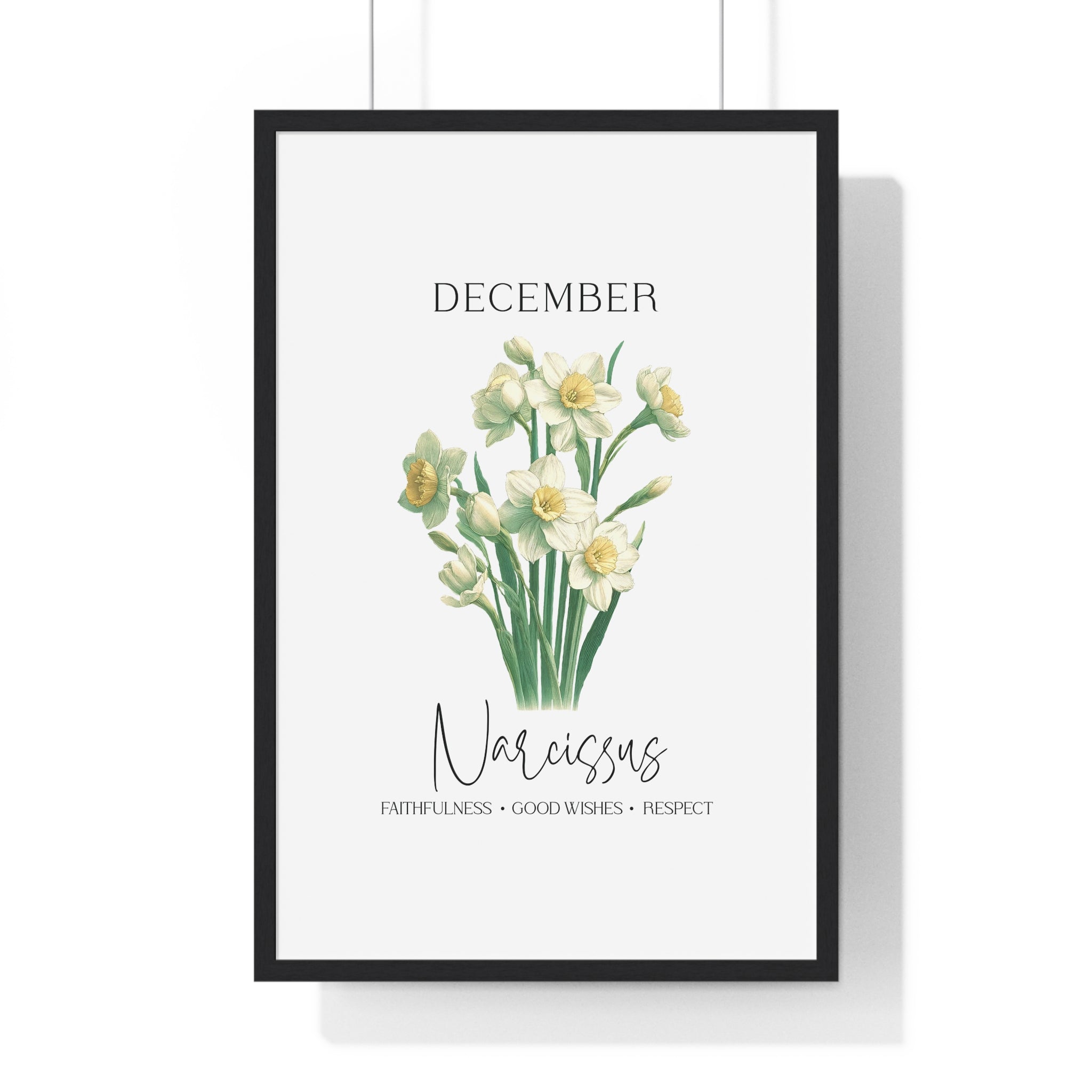 December Birth Month Flower Wall Art – Narcissus Illustration in Wooden Frame | Faithfulness, Good Wishes & Respect