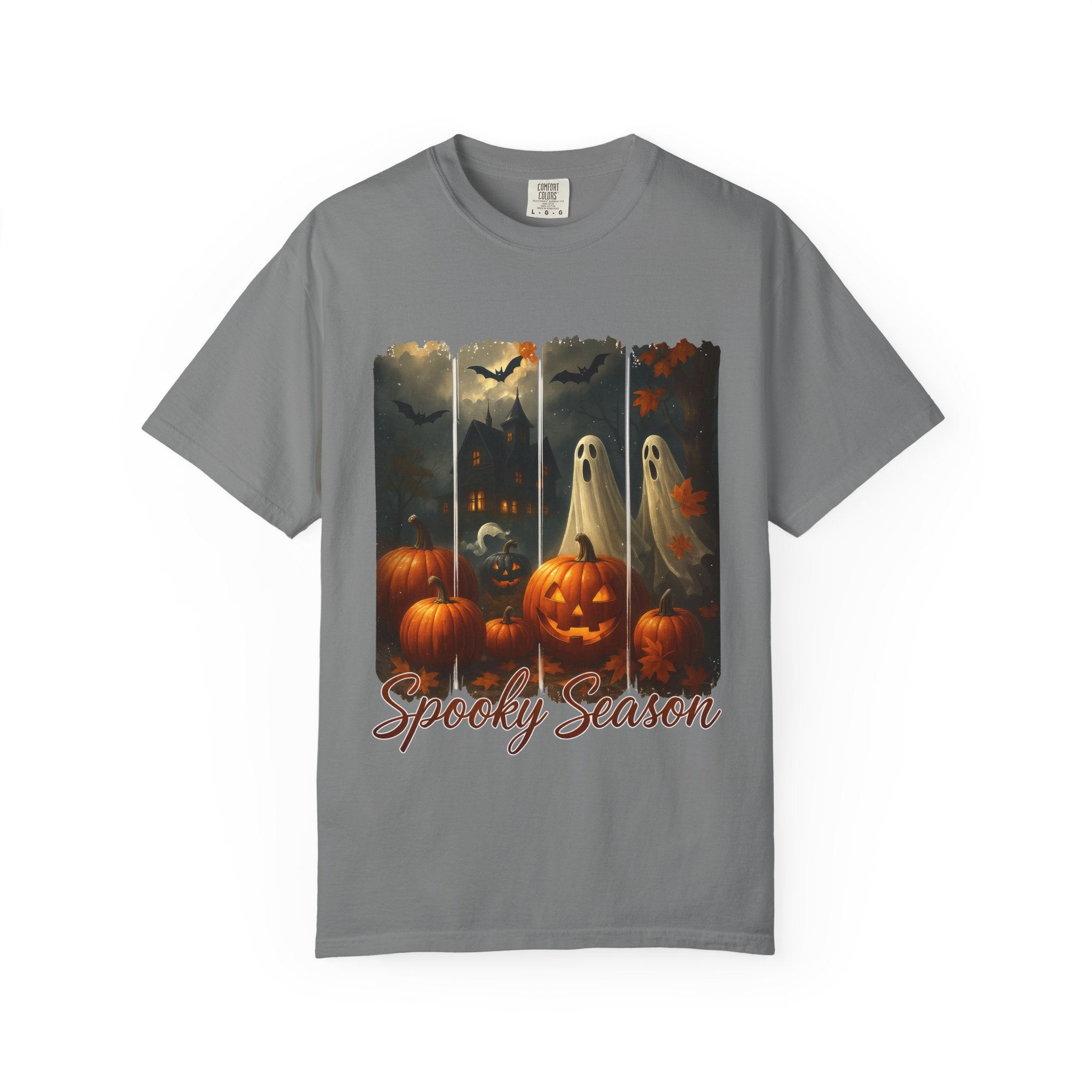 Spooky Season Unisex Halloween T-Shirt – Haunted House, Pumpkins & Ghosts Fall Design