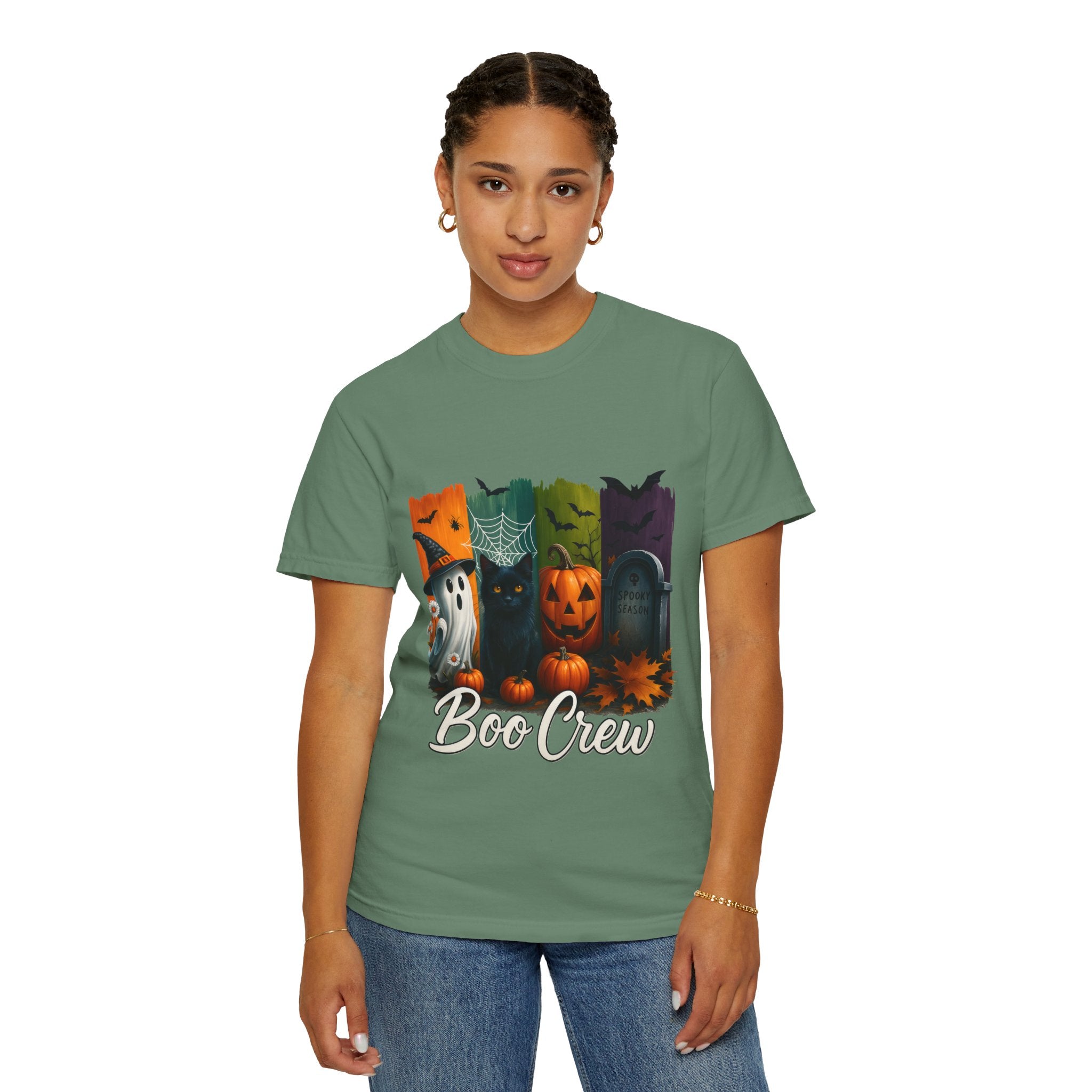 Boo Crew Halloween Unisex T-Shirt – Cute Ghost, Black Cat, Pumpkin & Tombstone Design