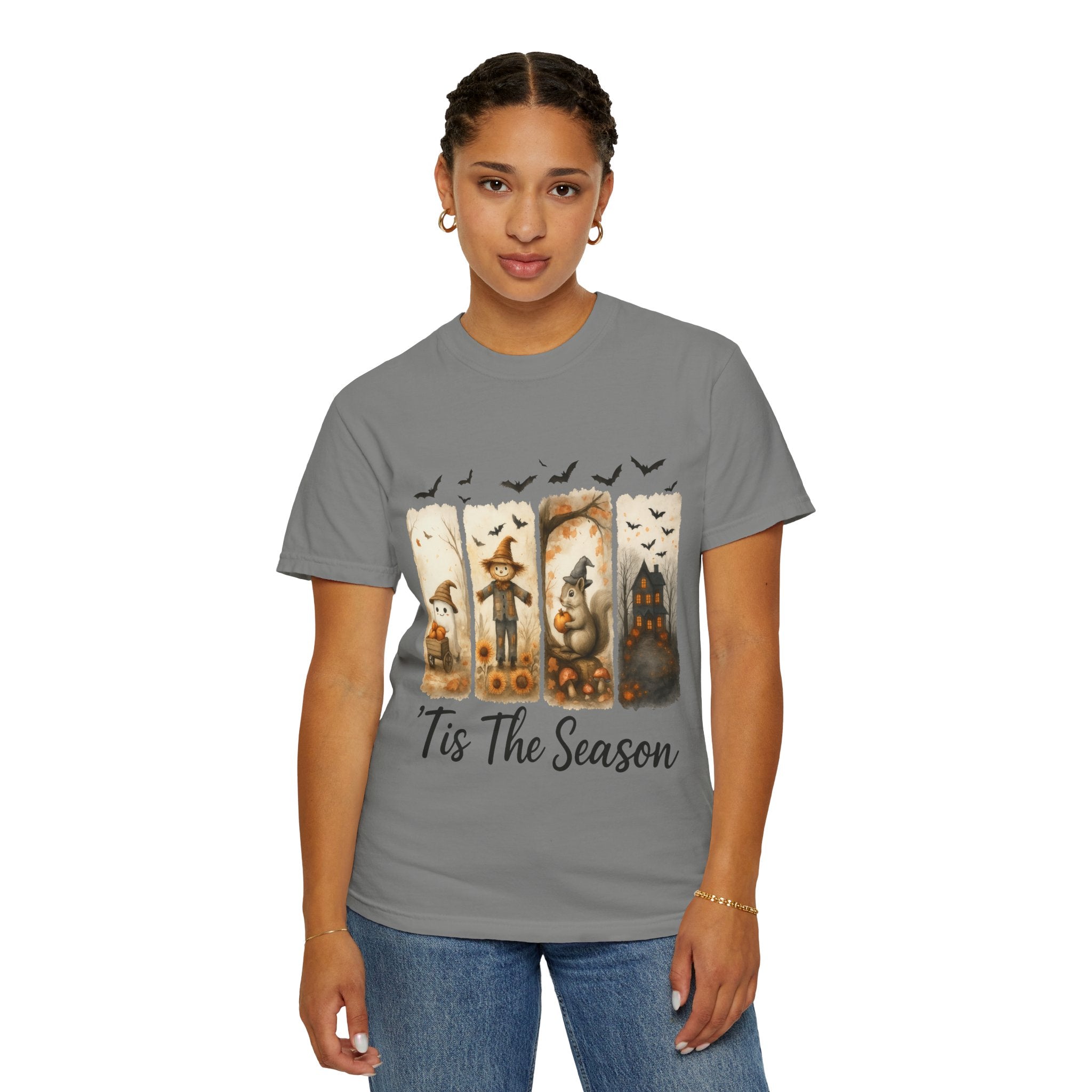 Tis The Season Fall Halloween T-Shirt – Cute Ghost, Scarecrow, Squirrel & Haunted House Design