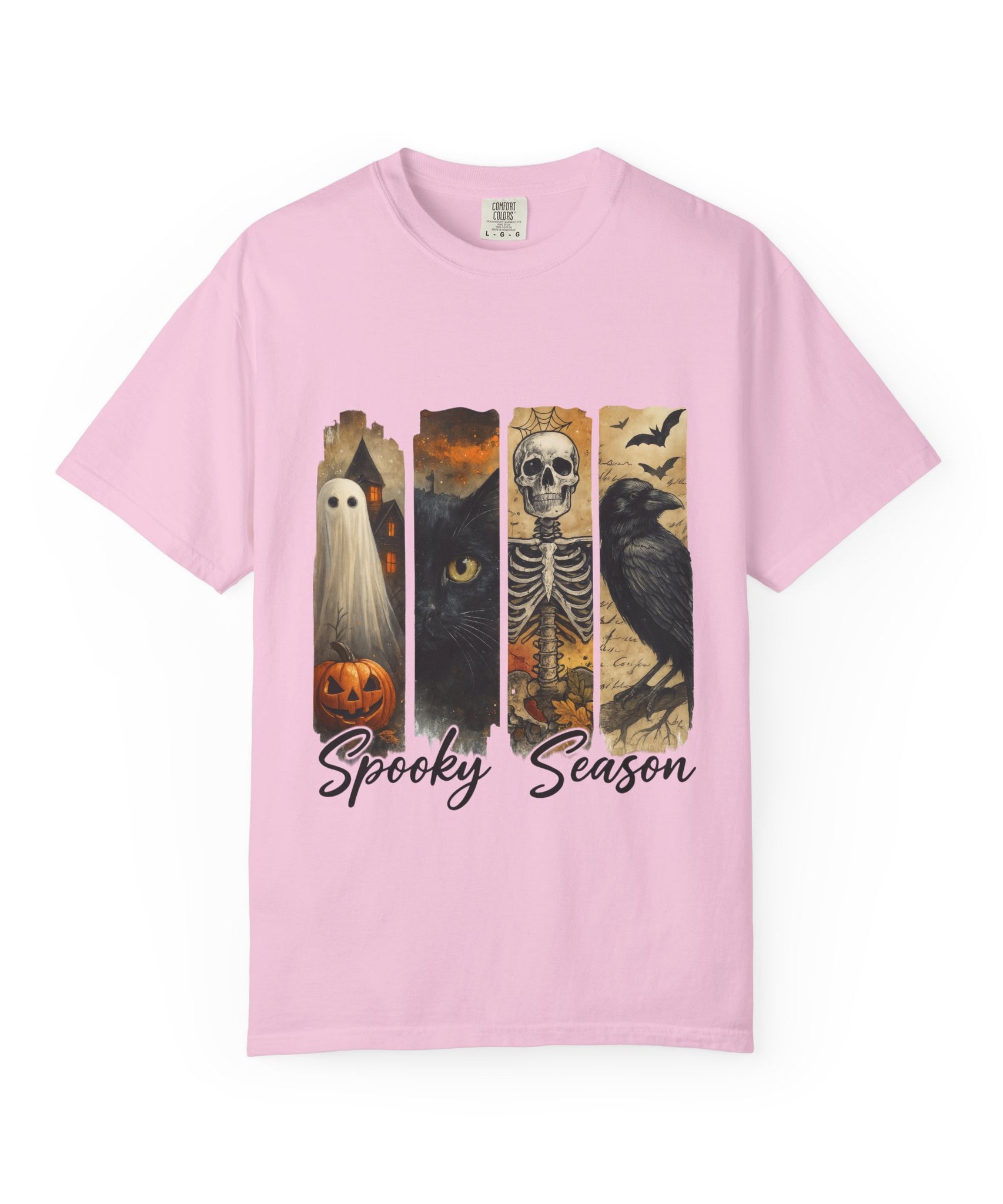 Spooky Season Gothic Halloween T-Shirt – Ghost, Black Cat, Skeleton & Raven Design - Gallory Hive