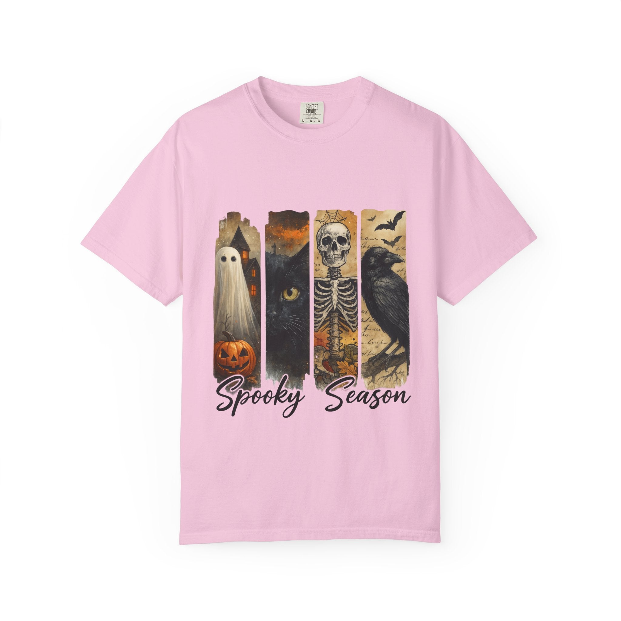 Spooky Season Gothic Halloween T-Shirt – Ghost, Black Cat, Skeleton & Raven Design