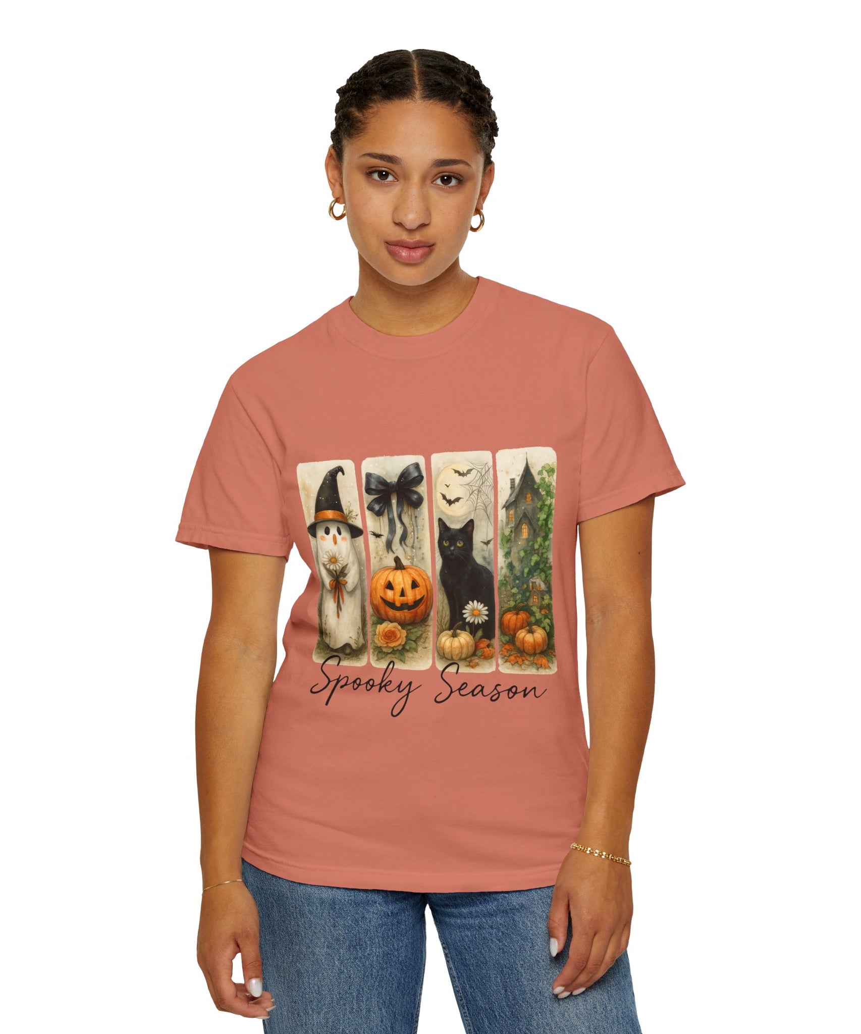Vintage Halloween Unisex T-Shirt – Cute Ghost, Black Cat, Pumpkin & Haunted House Art - Gallory Hive