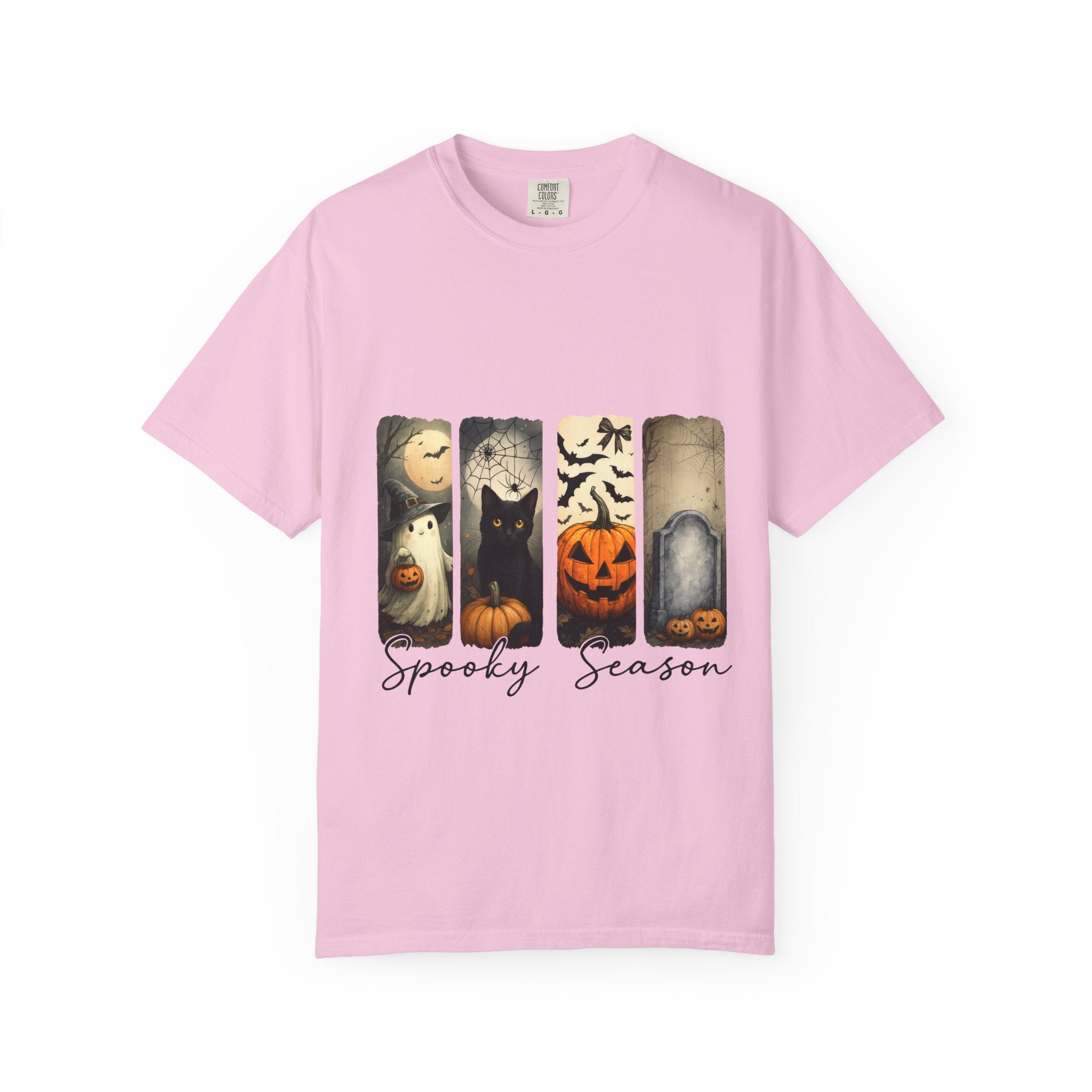 Halloween Night Unisex T-Shirt – Ghost, Black Cat, Pumpkin & Tombstone Vintage Art