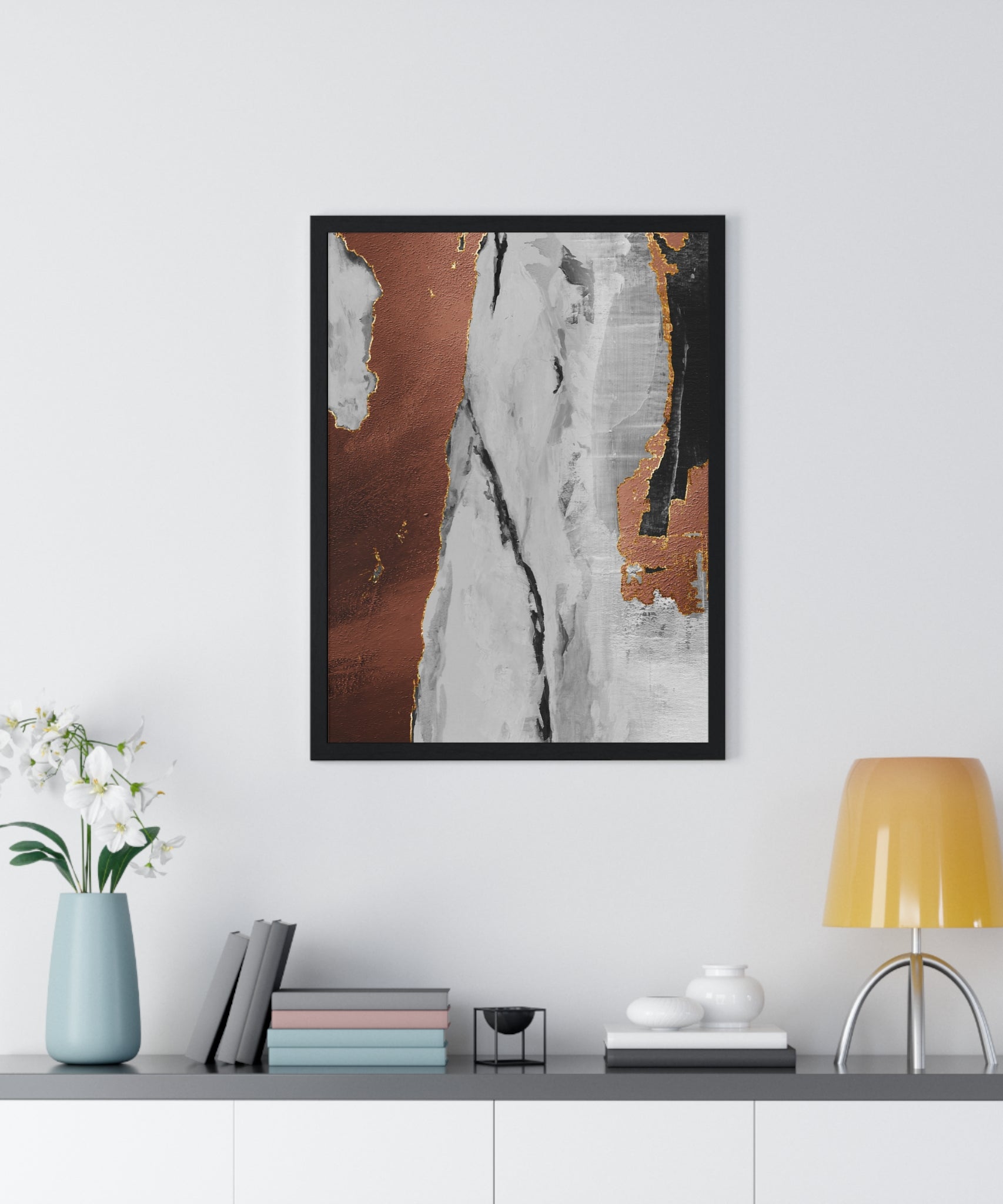 Luxury Abstract Wall Art Poster – Metallic Copper & Marble Texture on Wooden Frame – Modern Home Décor