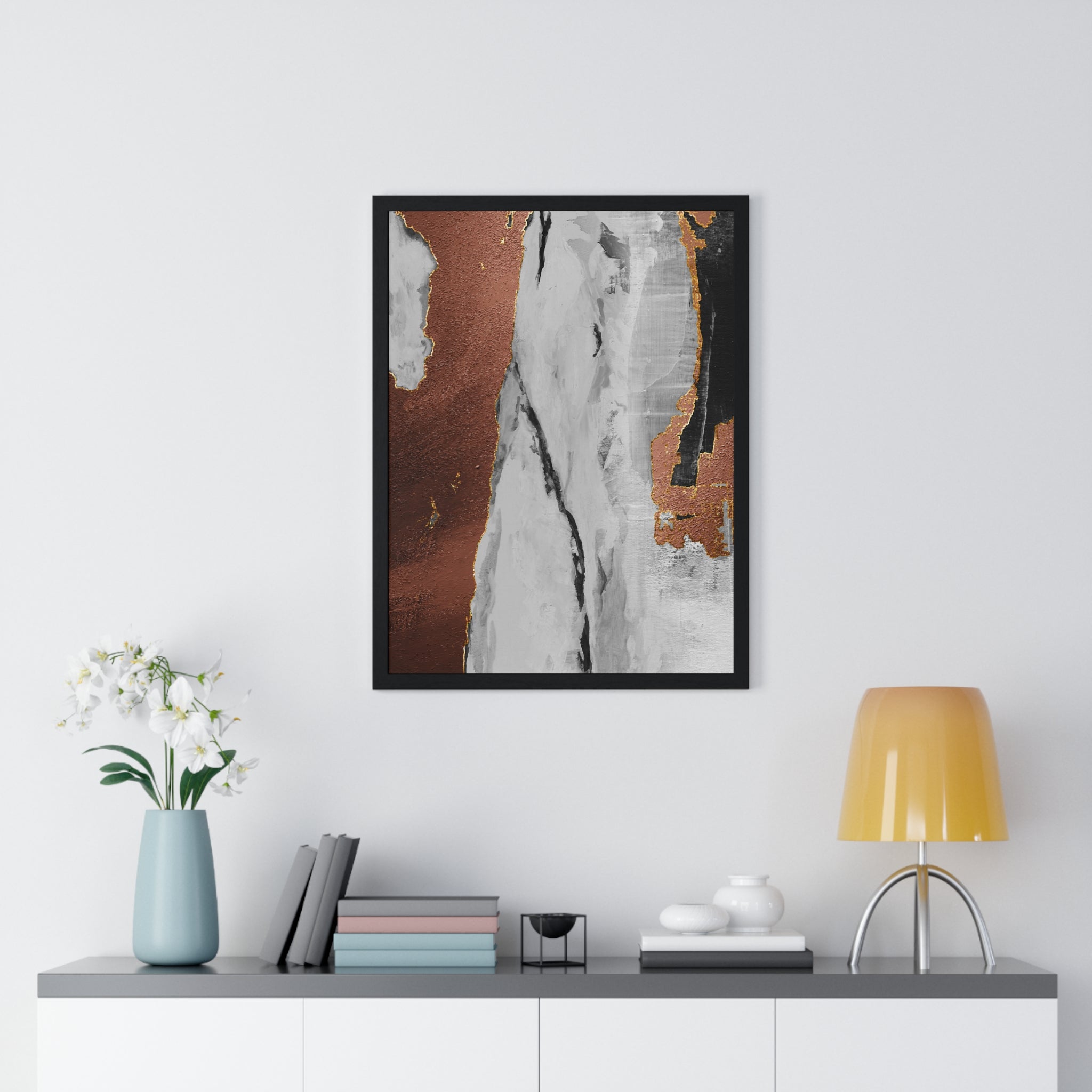 Luxury Abstract Wall Art Poster – Metallic Copper & Marble Texture on Wooden Frame – Modern Home Décor