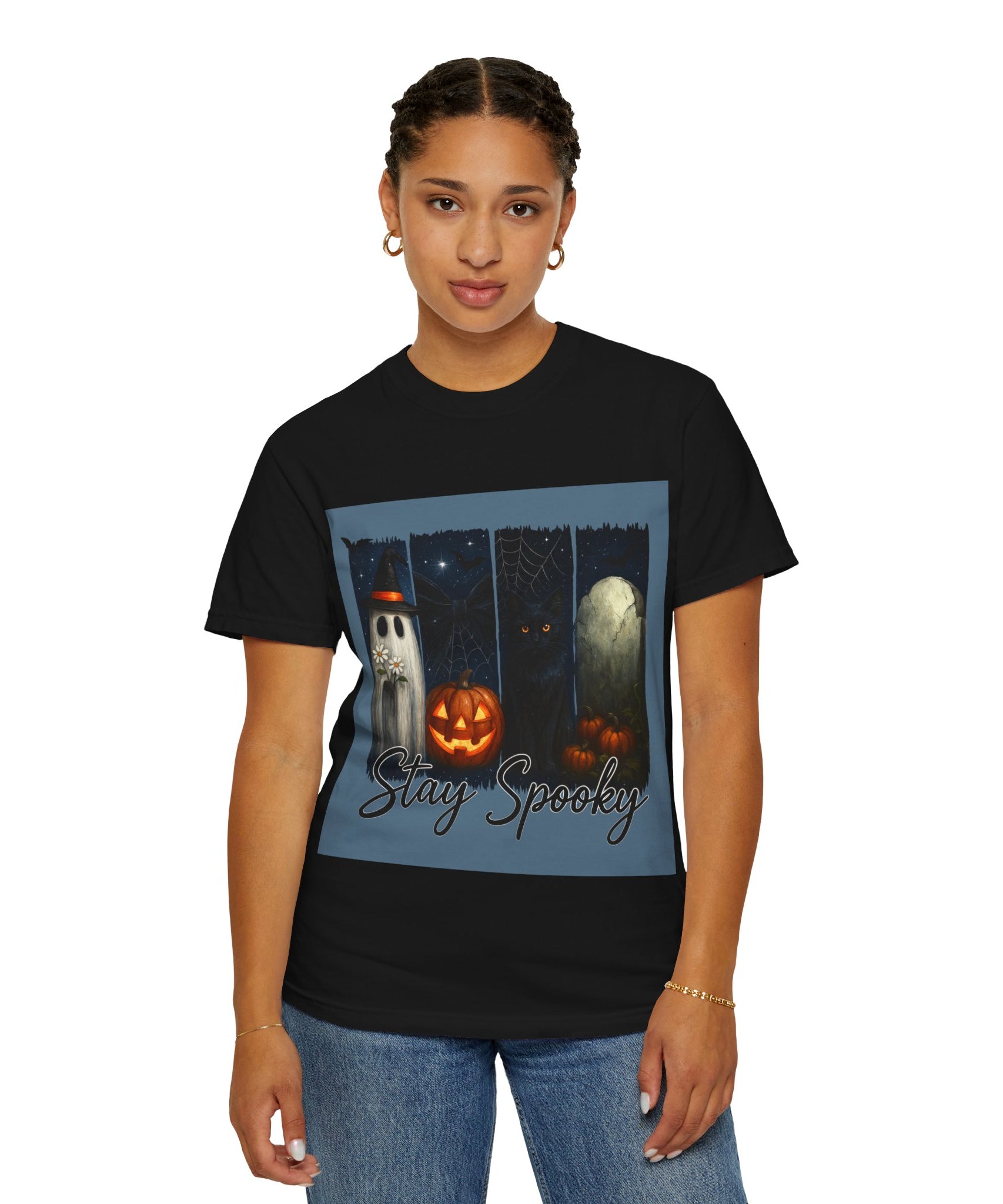 Stay Spooky Halloween T-Shirt – Cute Ghost, Black Cat, Pumpkin & Graveyard Design - Gallory Hive