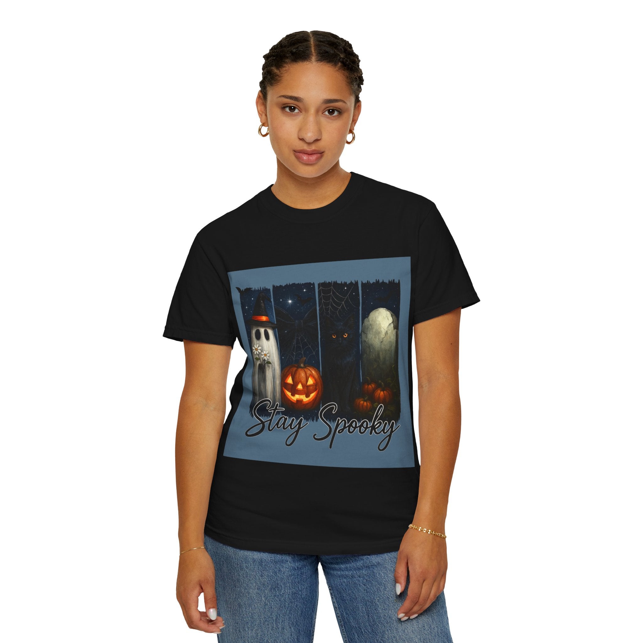 Stay Spooky Halloween T-Shirt – Cute Ghost, Black Cat, Pumpkin & Graveyard Design