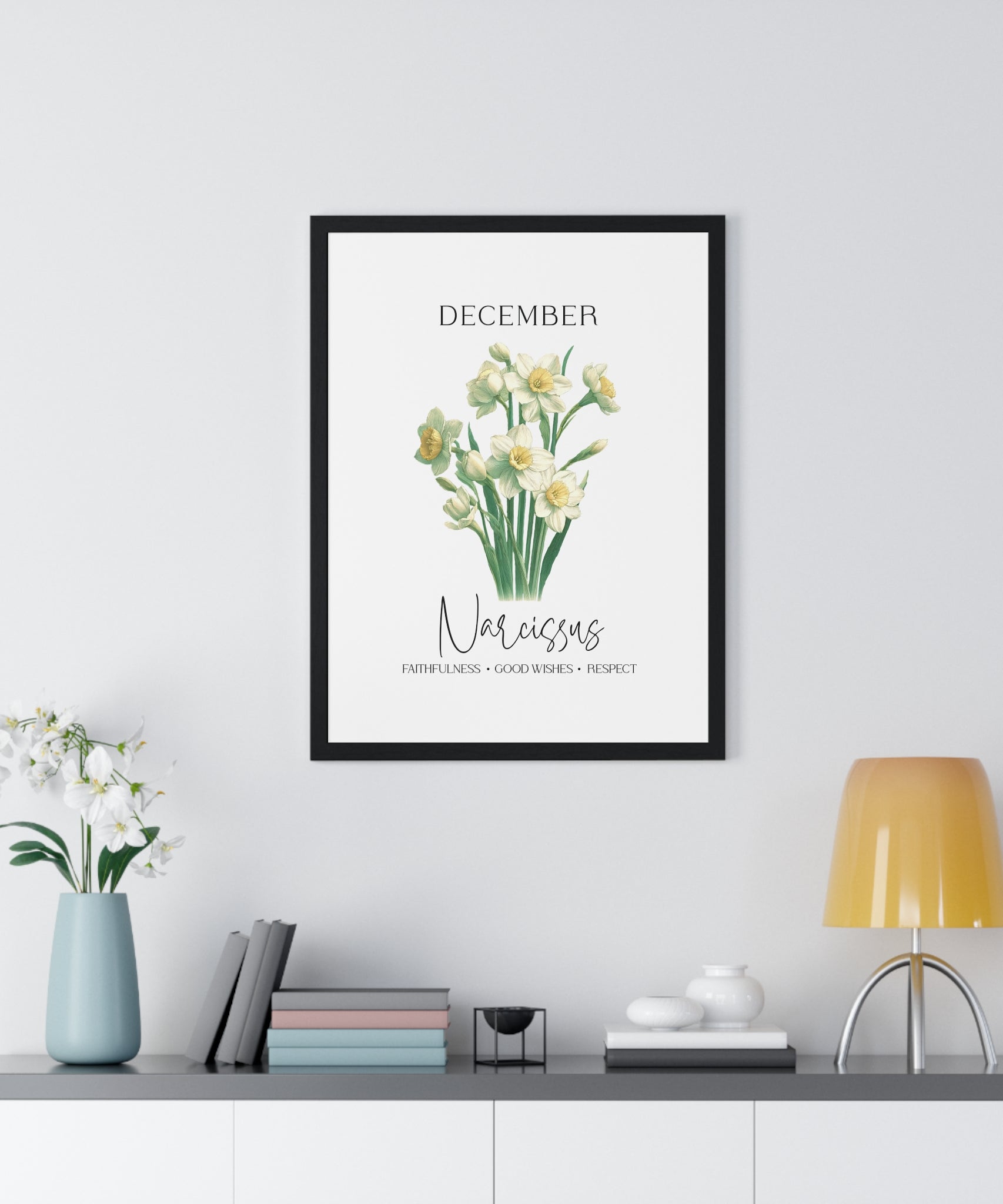 December Birth Month Flower Wall Art – Narcissus Illustration in Wooden Frame | Faithfulness, Good Wishes & Respect