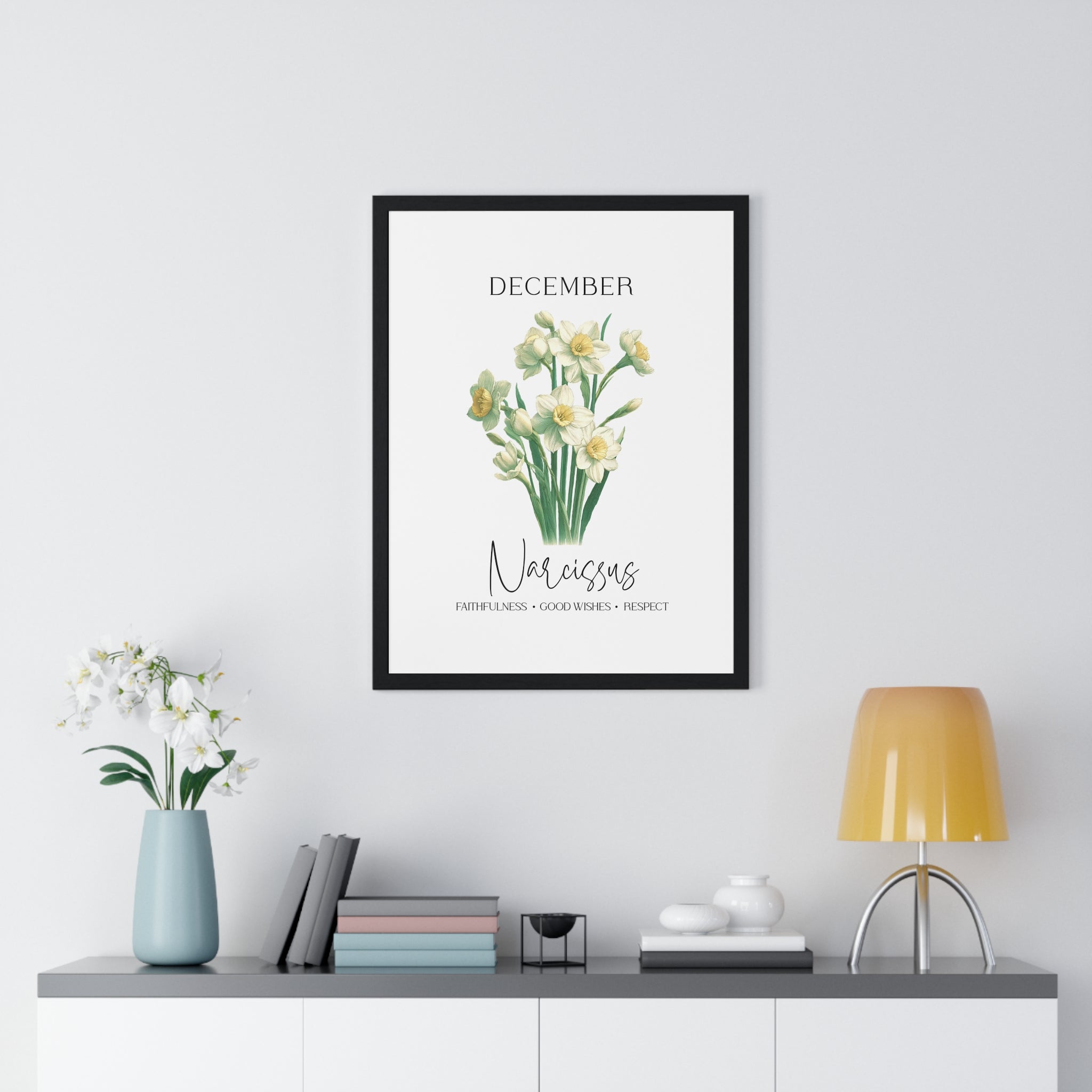 December Birth Month Flower Wall Art – Narcissus Illustration in Wooden Frame | Faithfulness, Good Wishes & Respect