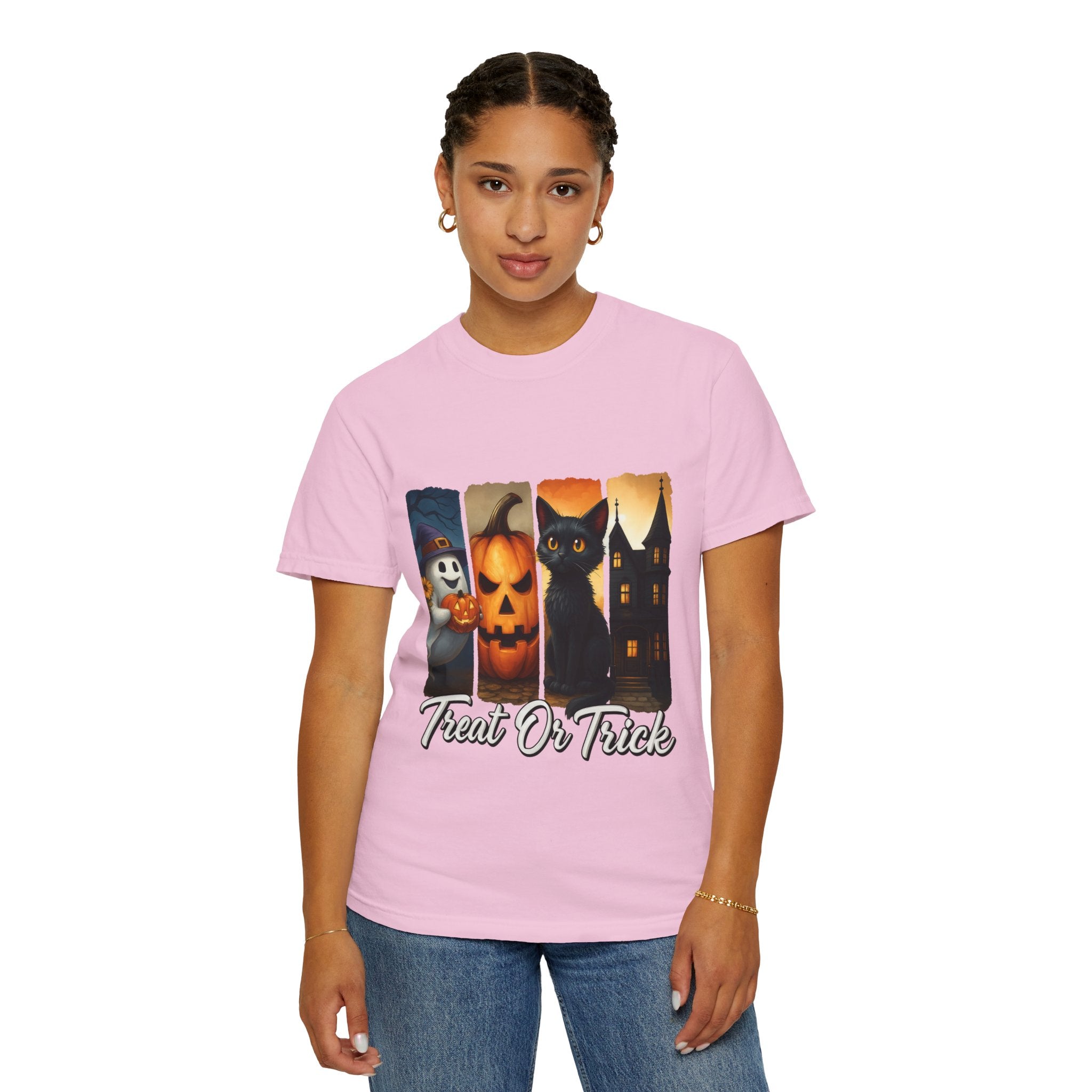 Treat Or Trick Halloween T-Shirt – Cute Ghost, Pumpkin, Black Cat & Haunted House Design