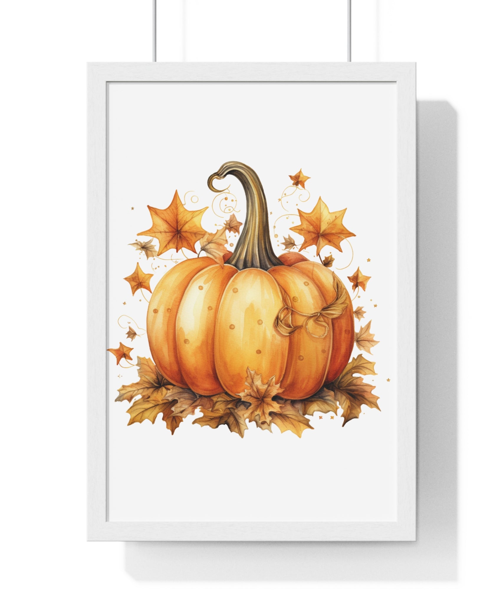 Decorative Autumn Pumpkin Wall Art – Bow-Tied Harvest Poster with Leaves & Swirls | Wooden Frame Fall Decor