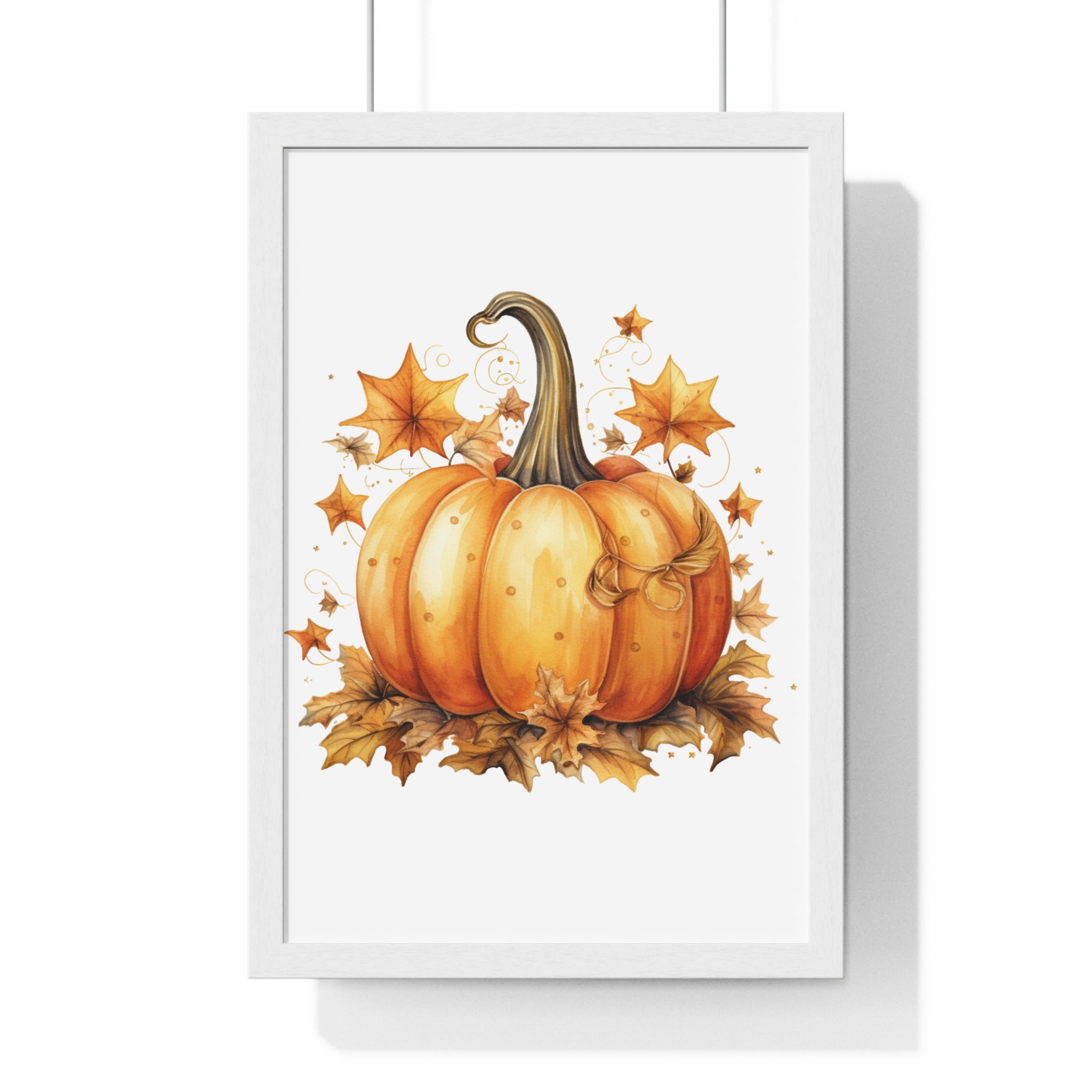 Decorative Autumn Pumpkin Wall Art – Bow-Tied Harvest Poster with Leaves & Swirls | Wooden Frame Fall Decor
