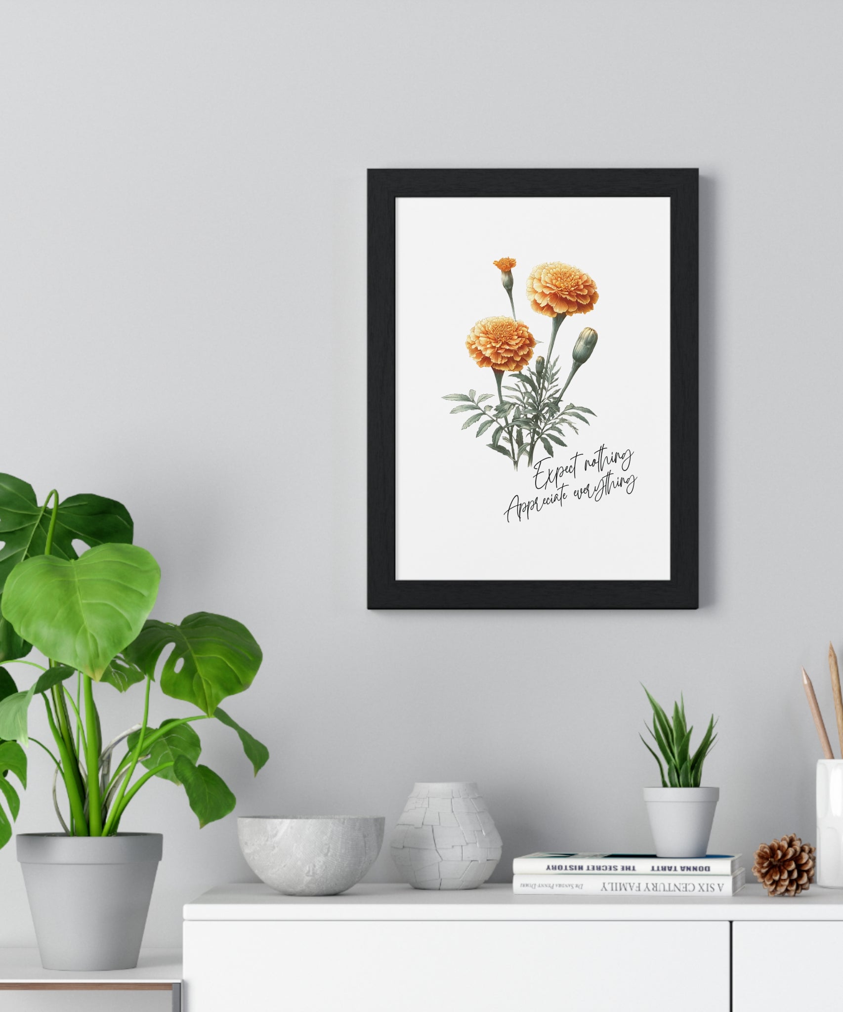October Birth Month Flower Wall Art – Marigold Illustration with Inspirational Quote in Wooden Frame