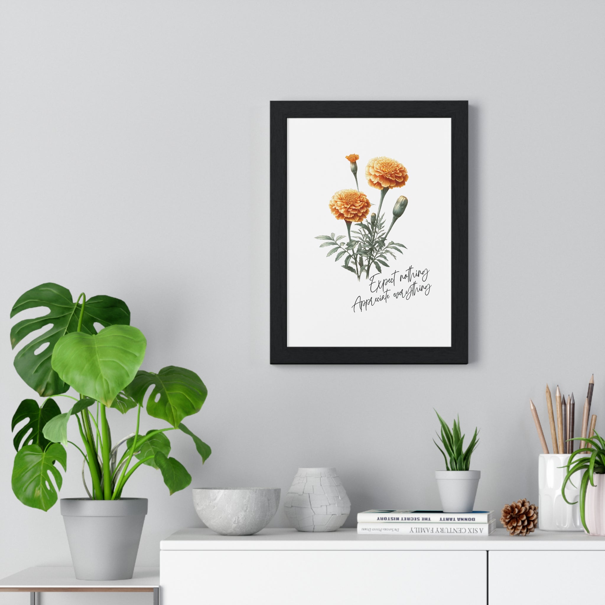 October Birth Month Flower Wall Art – Marigold Illustration with Inspirational Quote in Wooden Frame