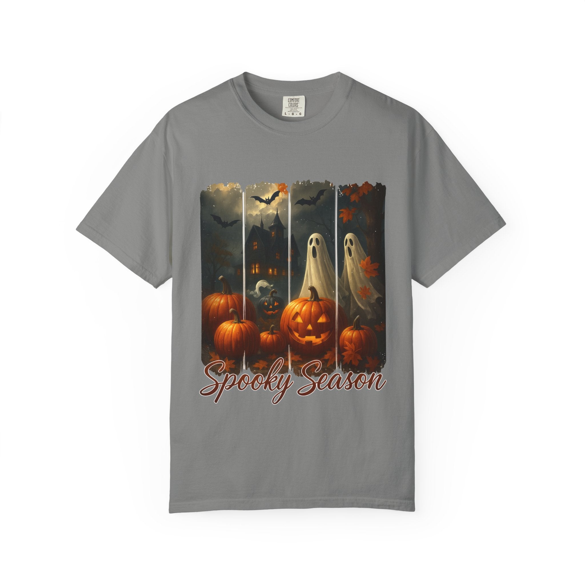 Spooky Season Unisex Halloween T-Shirt – Haunted House, Pumpkins & Ghosts Fall Design