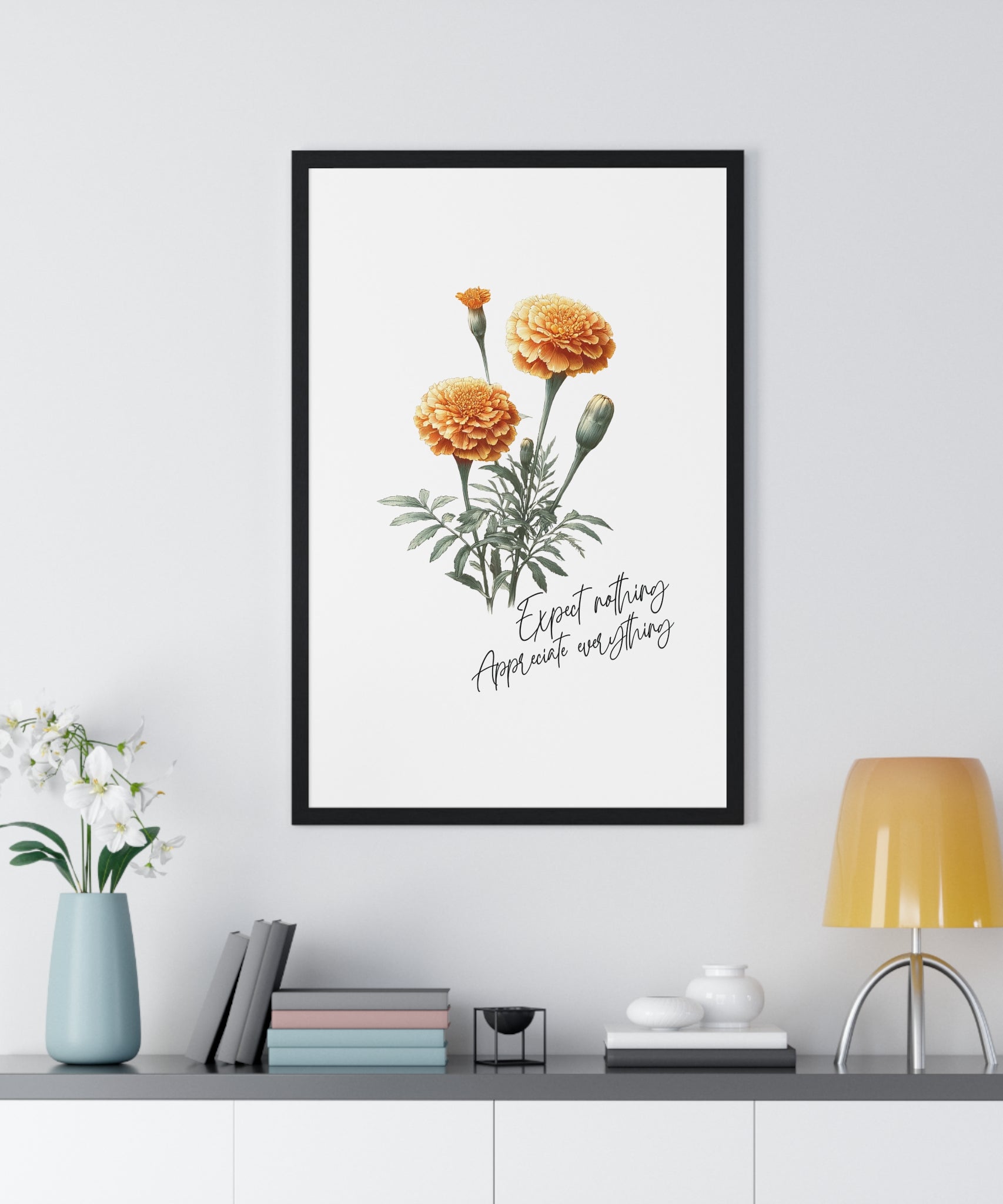 October Birth Month Flower Wall Art – Marigold Illustration with Inspirational Quote in Wooden Frame