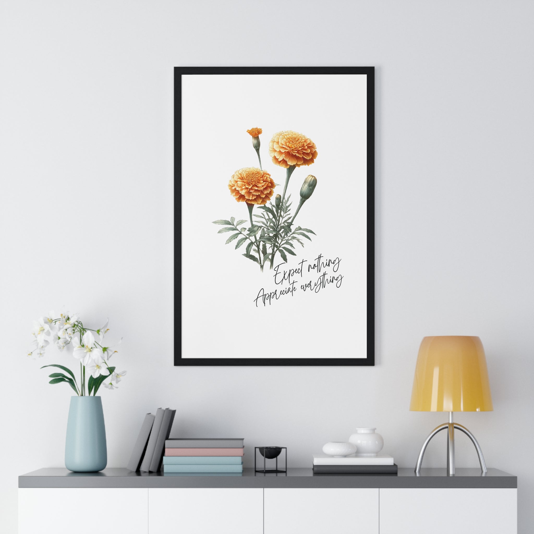 October Birth Month Flower Wall Art – Marigold Illustration with Inspirational Quote in Wooden Frame