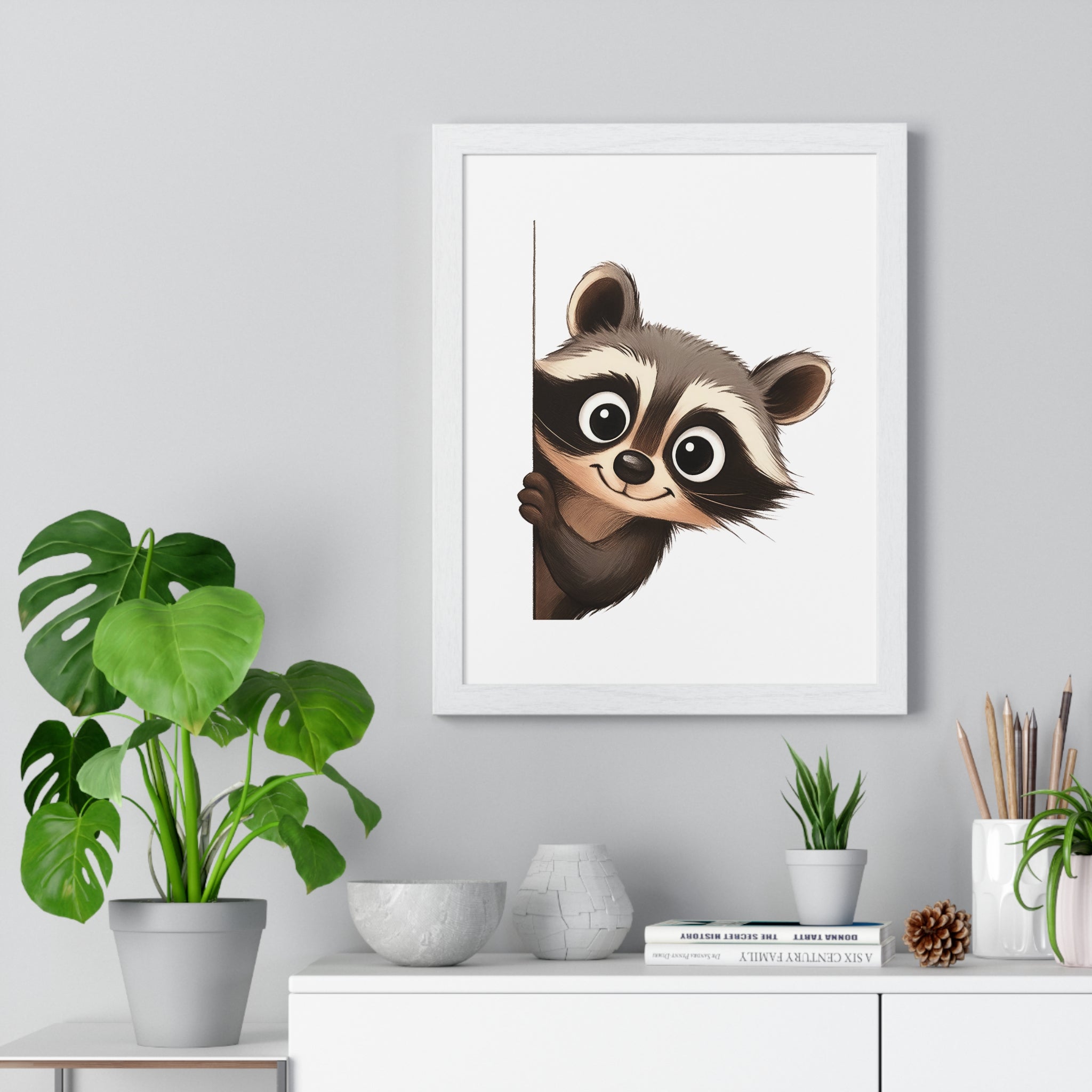 Wooden Frame Wall Decor – Cute Cartoon Raccoon Print